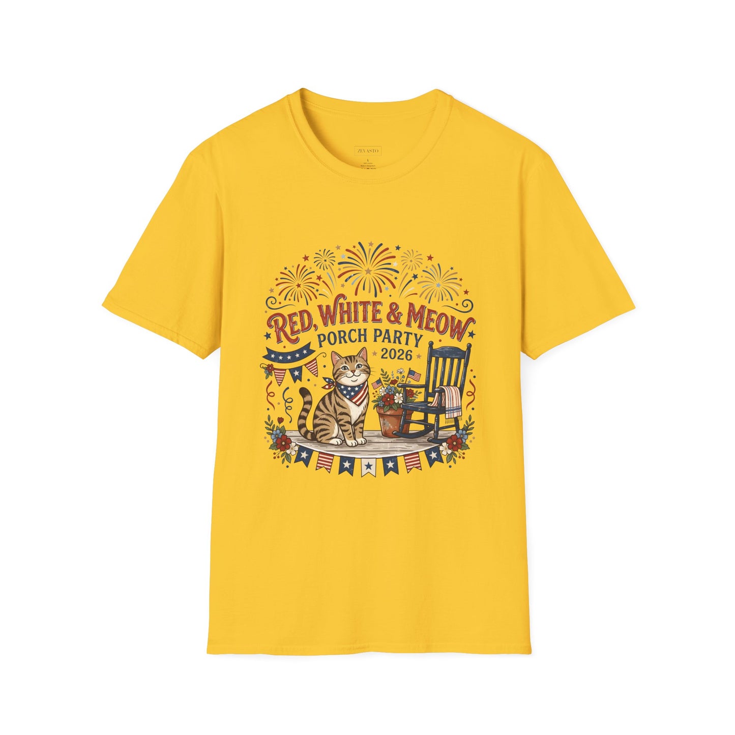 Red, White & Meow Porch Party T-Shirt — 2026 Patriotic Cat Tee, 4th of July Shirt, Independence Day Gift