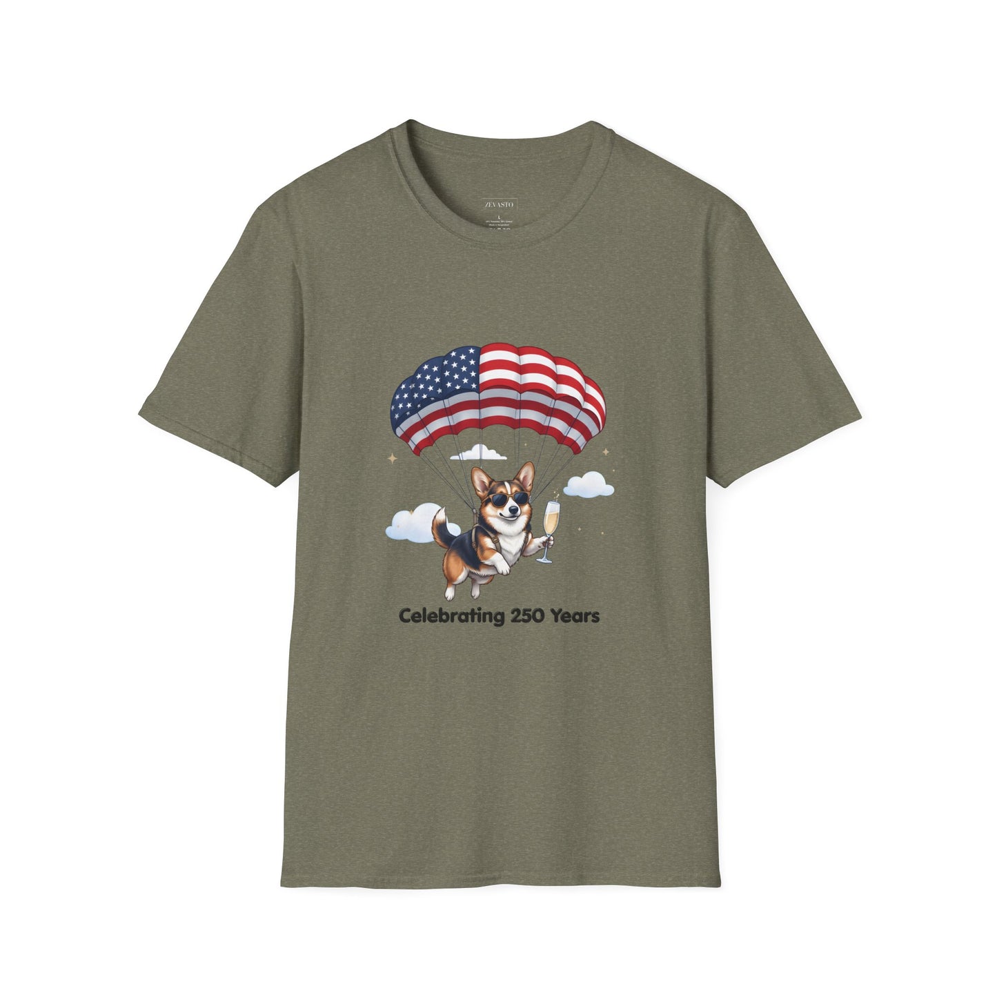 Corgi Parachute American Flag T-Shirt — "Celebrating 250 Years" Patriotic Tee