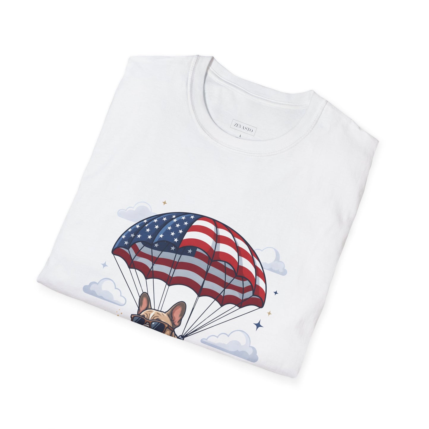 Patriotic French Bulldog T-Shirt — "Celebrating 250 Years" Parachute Design