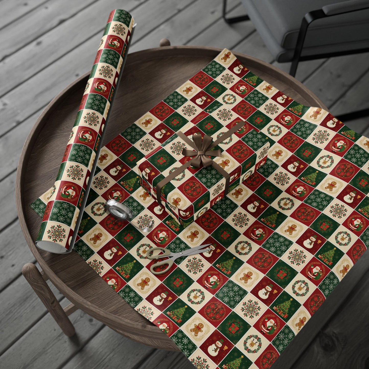 Christmas Patchwork Wrapping Paper Roll — Holiday Gift Wrap with Gingerbread, Snowman & Reindeer