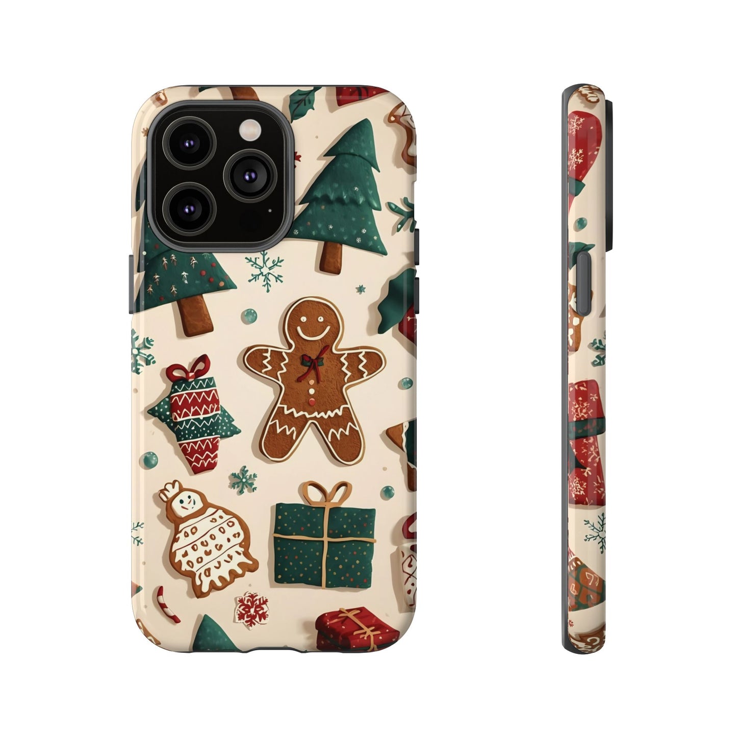 Christmas Phone Case with Gingerbread and Christmas Tree Design, Dual Layer Case for Iphone 17, 16, 15, 14, 13, 12, 11 & Samsung