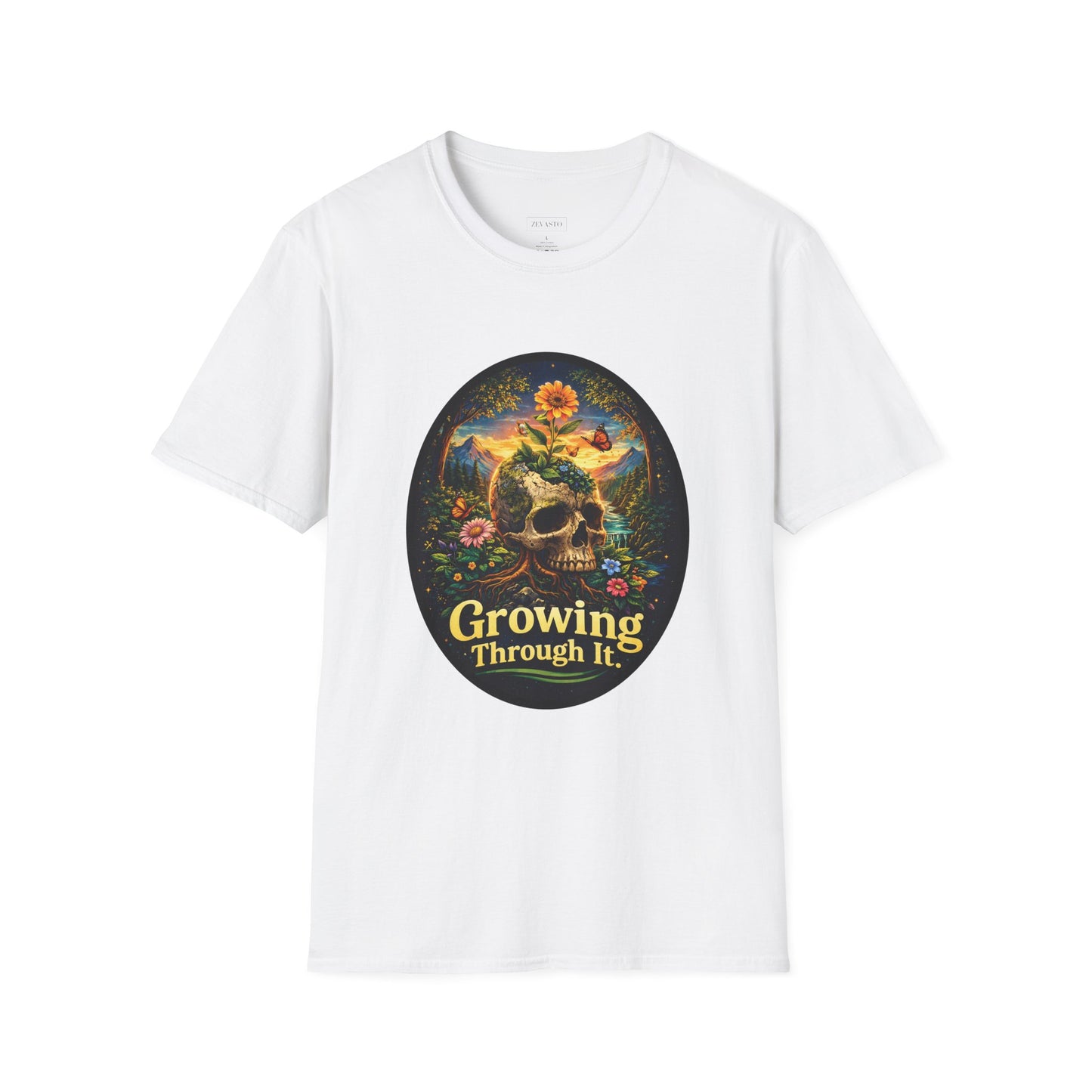 Growing Through It T-Shirt – Earth Day Nature Skull Graphic Tee | Mental Growth & Healing Shirt | Botanical Aesthetic Unisex Tee