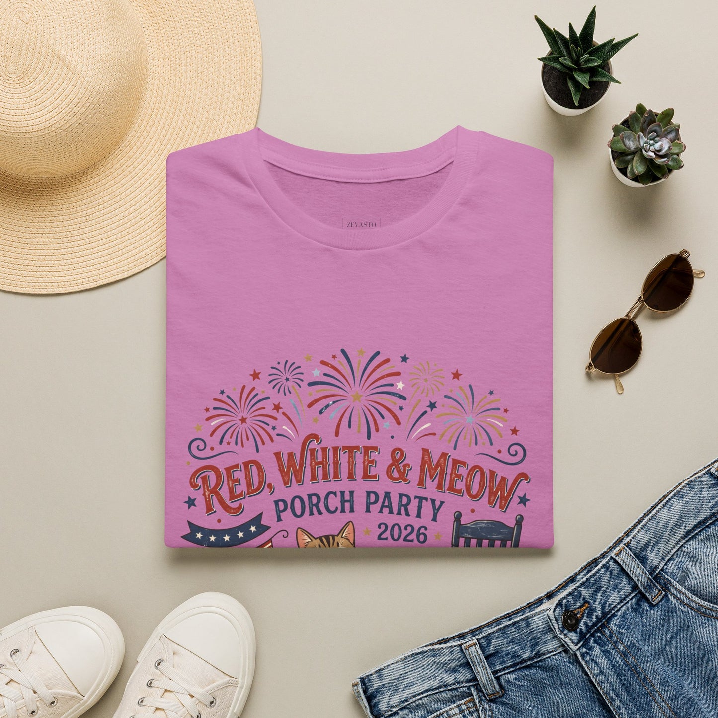 Red, White & Meow Porch Party T-Shirt — 2026 Patriotic Cat Tee, 4th of July Shirt, Independence Day Gift