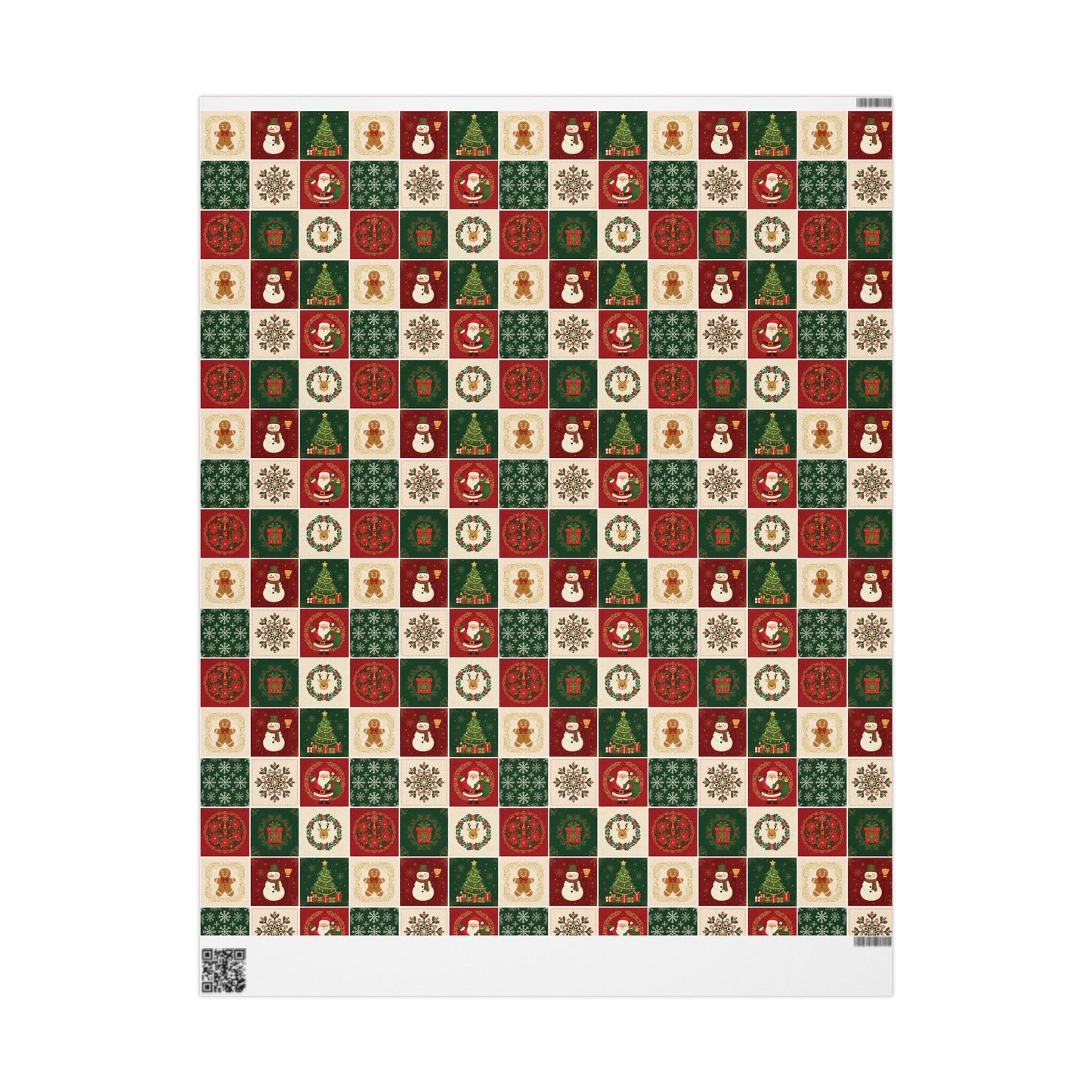 Christmas Patchwork Wrapping Paper Roll — Holiday Gift Wrap with Gingerbread, Snowman & Reindeer