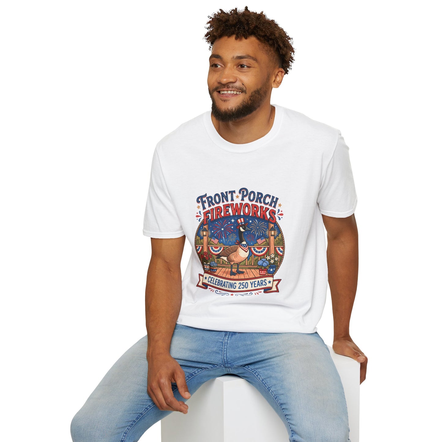 Front Porch Fireworks, Goose T-Shirt — Patriotic 4th of July Celebration Tee