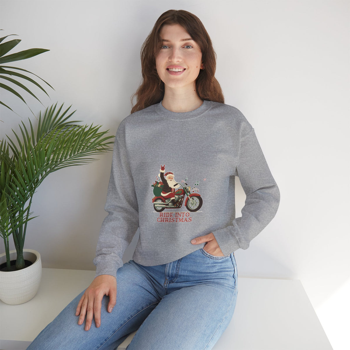 Christmas Motorcycle Sweatshirt - "Ride Into Christmas" Santa Biker Holiday Crewneck