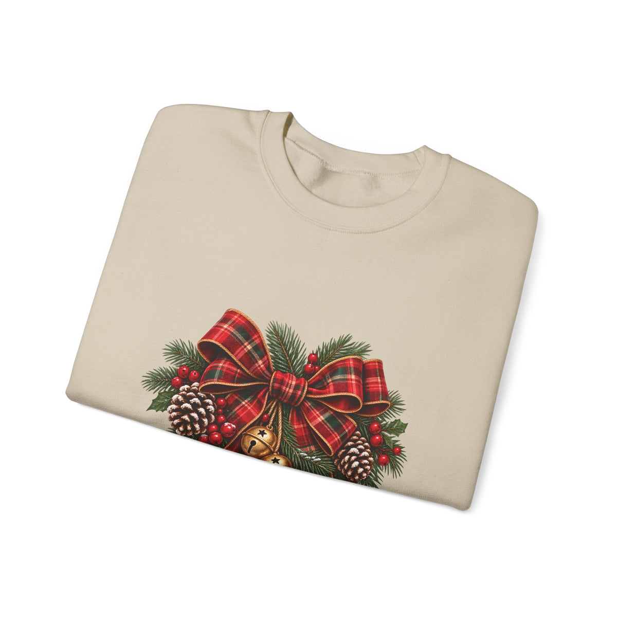 Christmas Plaid Bow Sweatshirt - Holiday Pinecone & Jingle Bells Crewneck