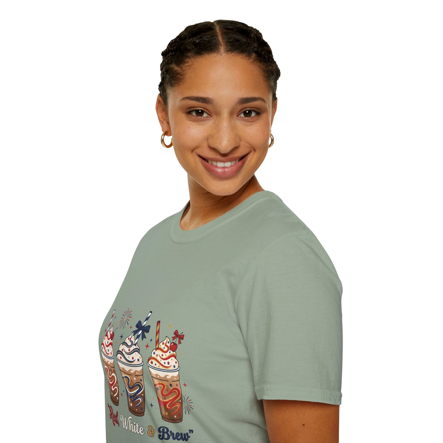 Patriotic Iced Coffee Tee — "Red, White & Brew" Graphic T‑Shirt