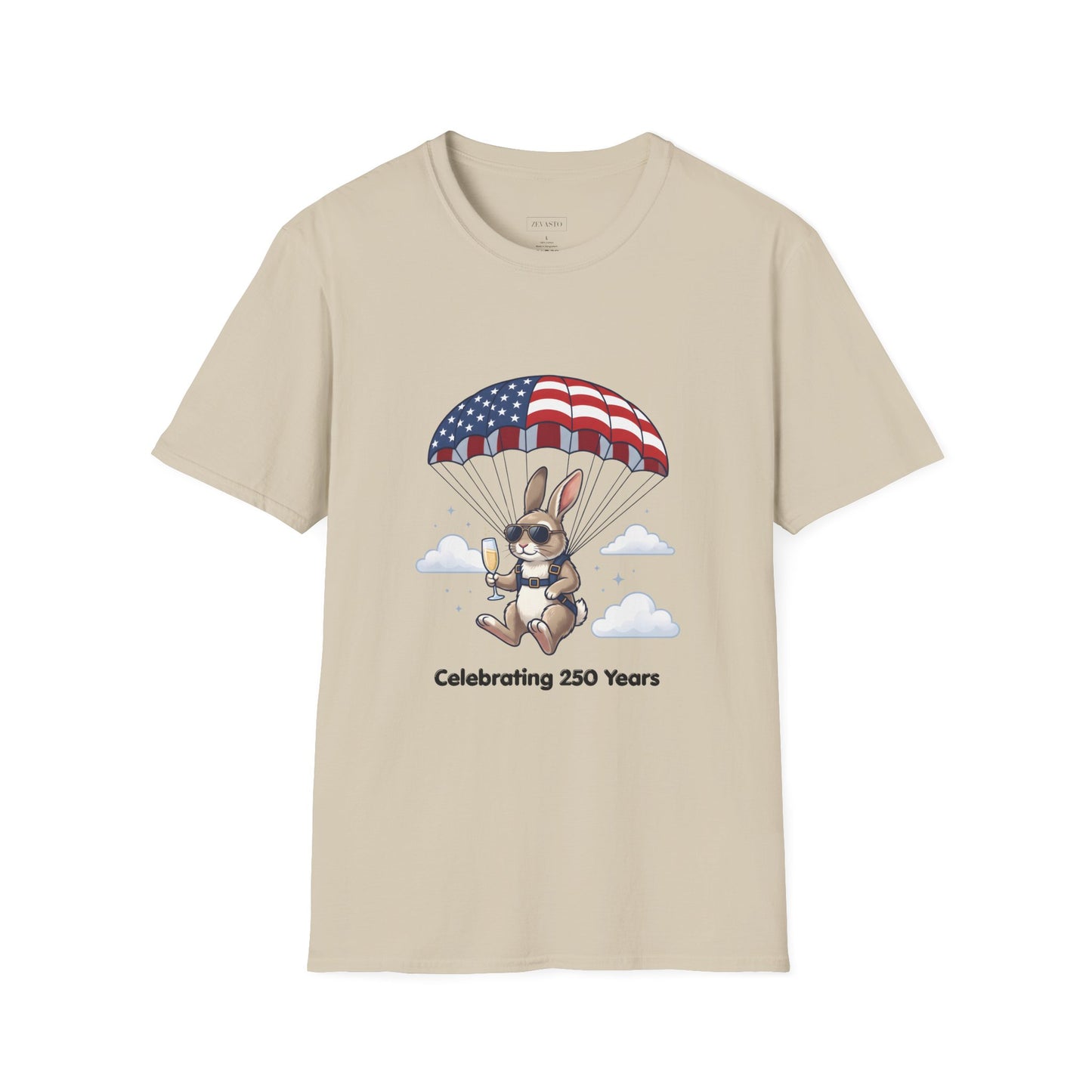 Patriotic Parachuting Bunny T-Shirt — "Celebrating 250 Years"
