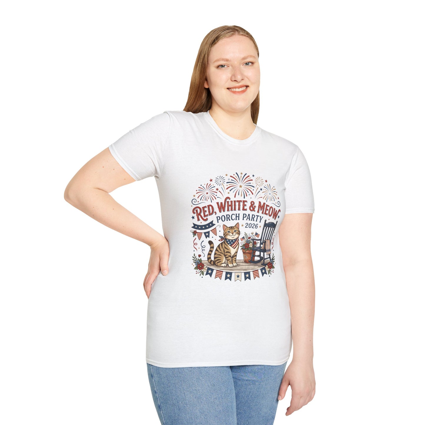 Red, White & Meow Porch Party T-Shirt — 2026 Patriotic Cat Tee, 4th of July Shirt, Independence Day Gift