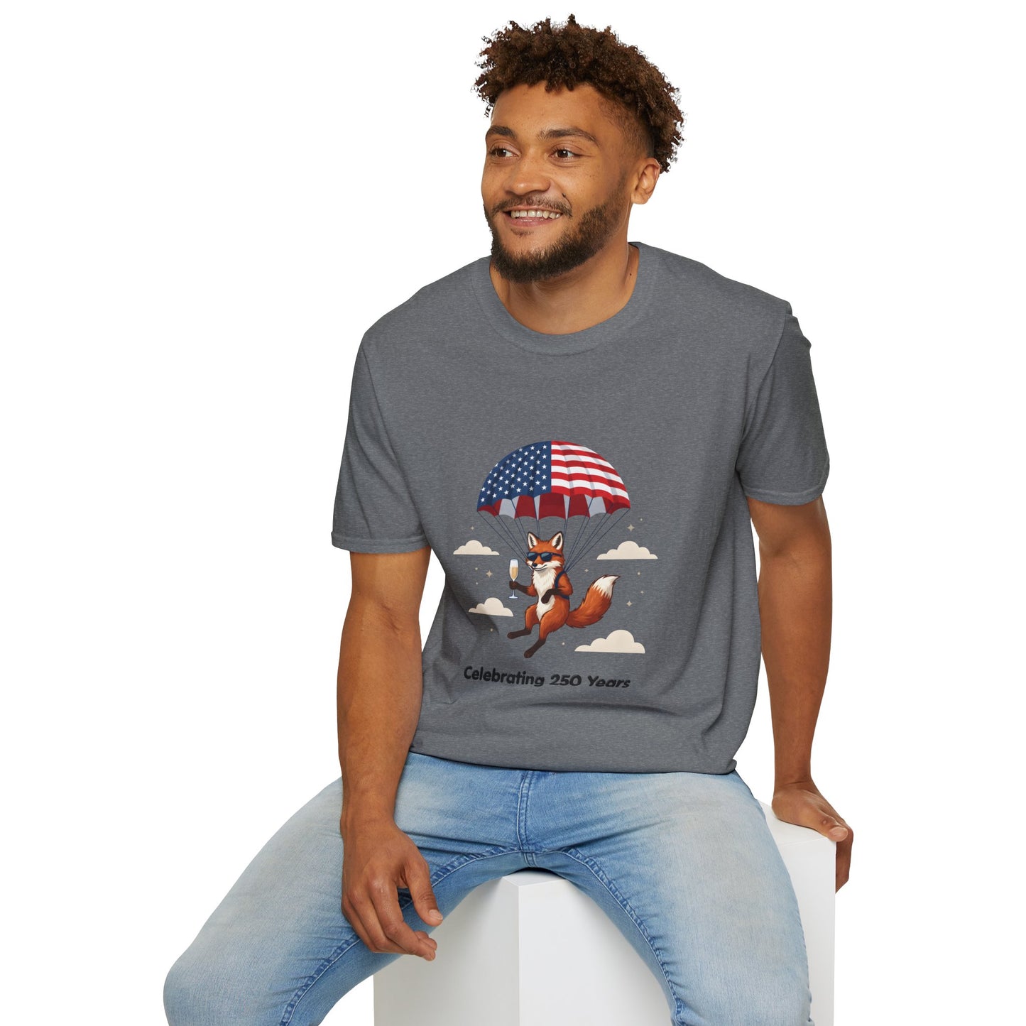 Patriotic Fox Parachute T-Shirt — "Celebrating 250 Years" Anniversary Tee