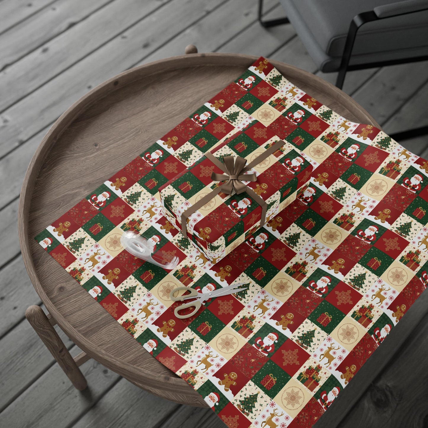 Christmas Patchwork Wrapping Paper Roll — Gingerbread, Trees & Red Green Christmas Pattern
