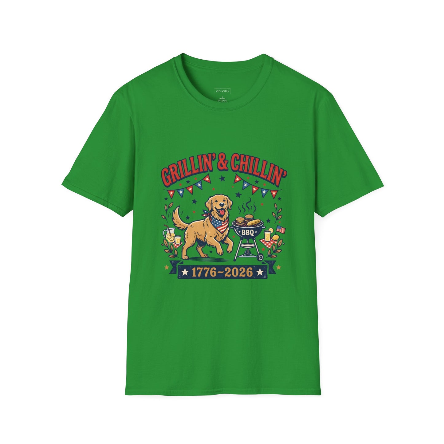Grillin' & Chillin' BBQ Dog T-Shirt — 1776-2026 Patriotic Summer Tee, 4th of July Shirt, Independence Day Tee