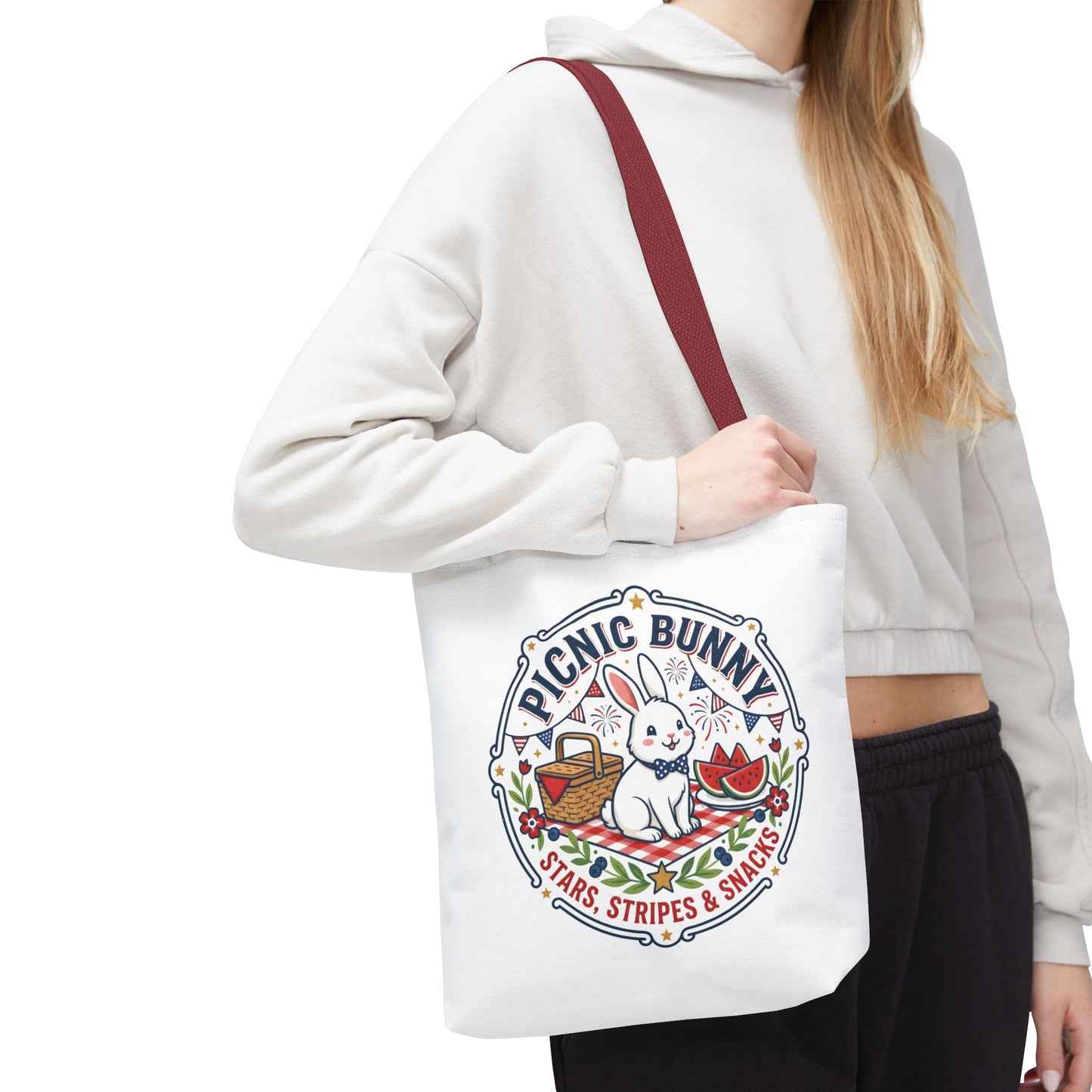 Patriotic Picnic Bunny Tote Bag — ‘Stars, Stripes & Snacks’ Cute Rabbit Picnic Tote, 4th of July Tote
