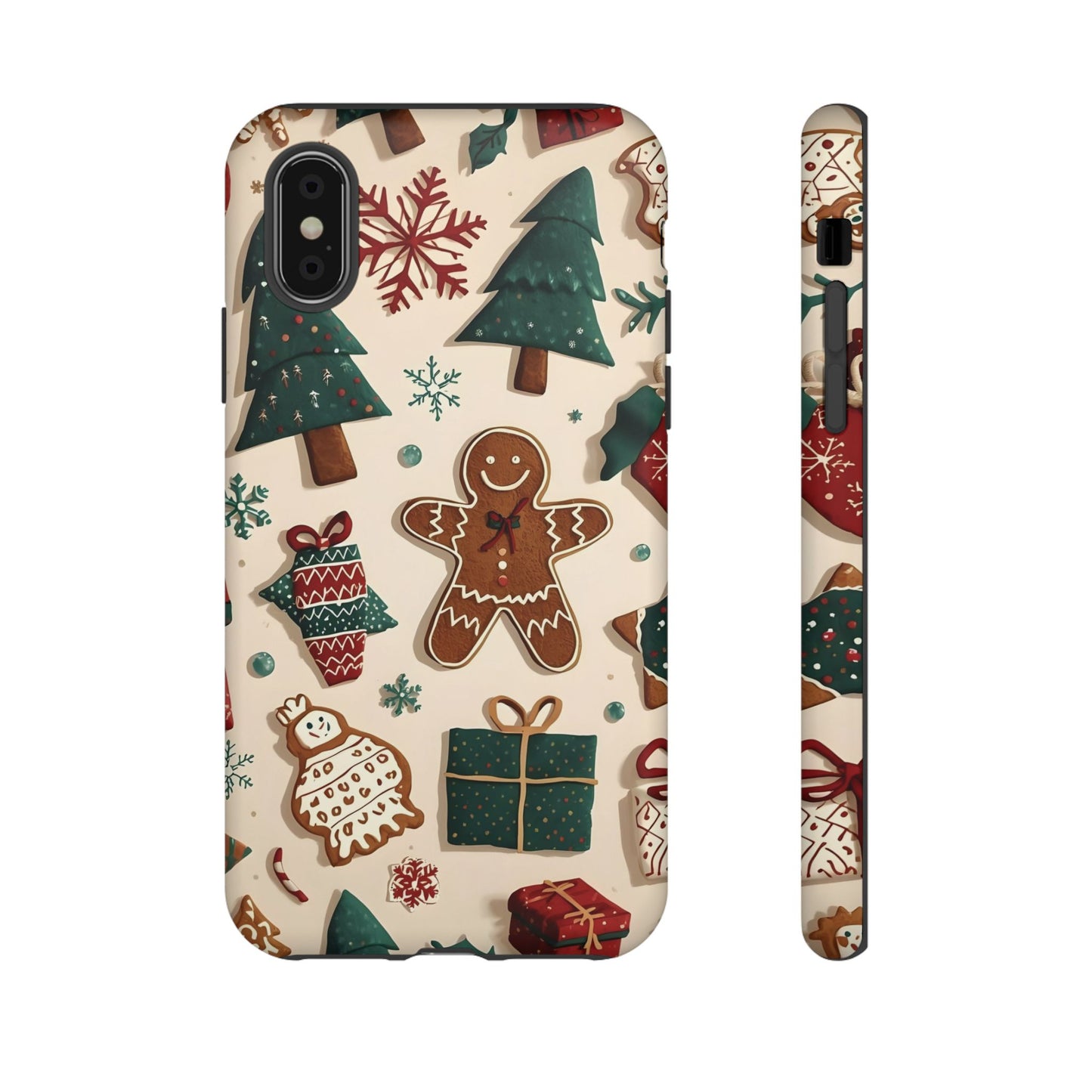 Christmas Phone Case with Gingerbread and Christmas Tree Design, Dual Layer Case for Iphone 17, 16, 15, 14, 13, 12, 11 & Samsung