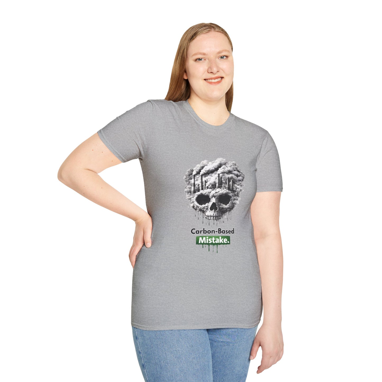 Carbon-Based Mistake Skull T-Shirt — Dark Humor Graphic Tee for Earth Day