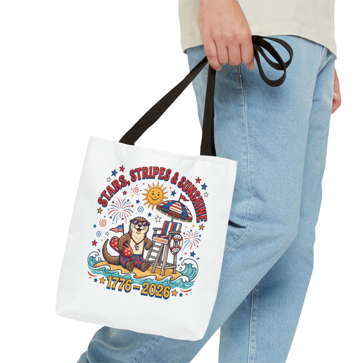 Stars, Stripes & Sunshine Tote Bag — 1776–2026 Patriotic Summer Beach Tote, 4th of July Tote