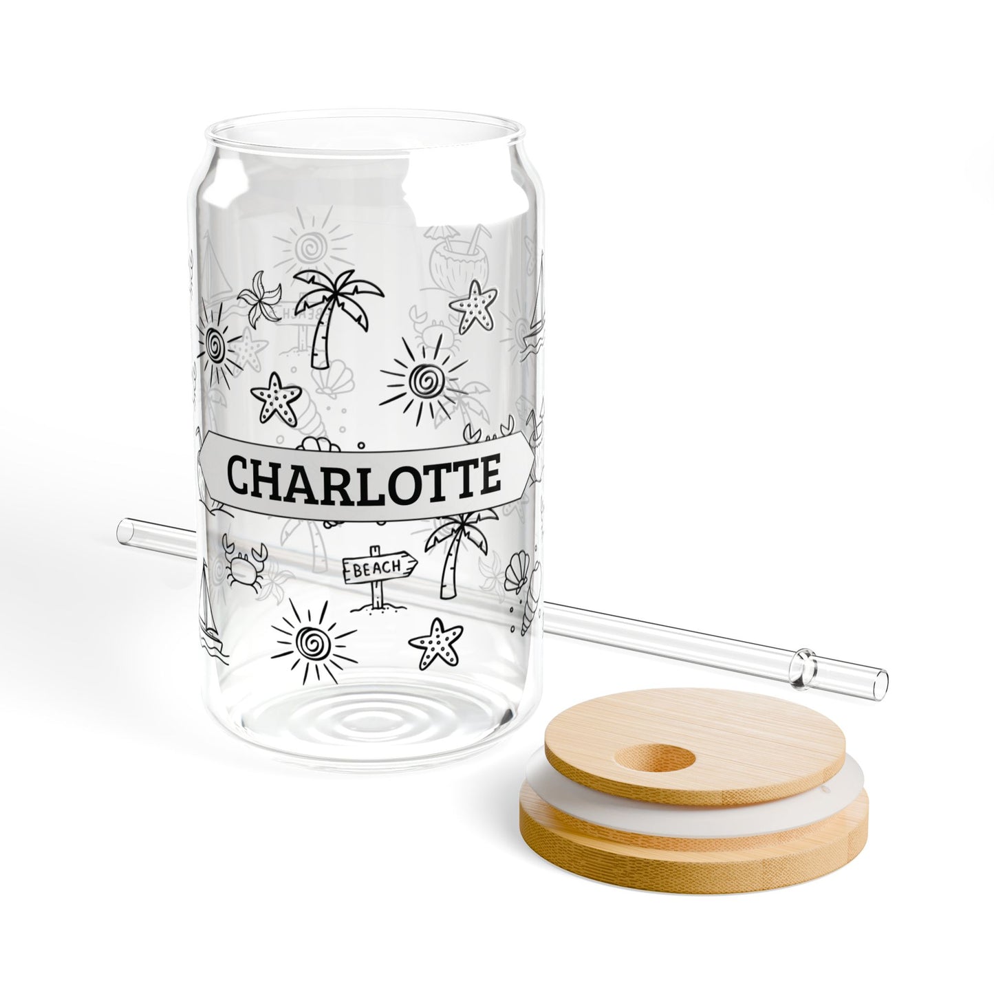 Personalized Beach Pattern Sipper Glass – 16oz Tumbler with Straw (Custom Name)