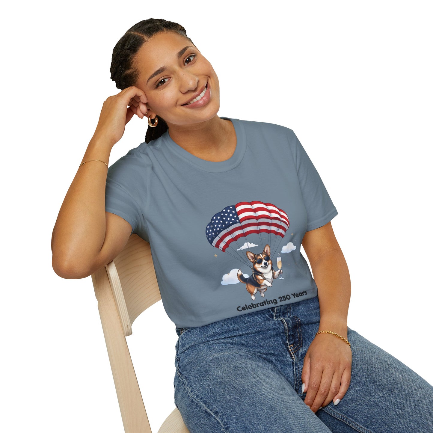 Corgi Parachute American Flag T-Shirt — "Celebrating 250 Years" Patriotic Tee