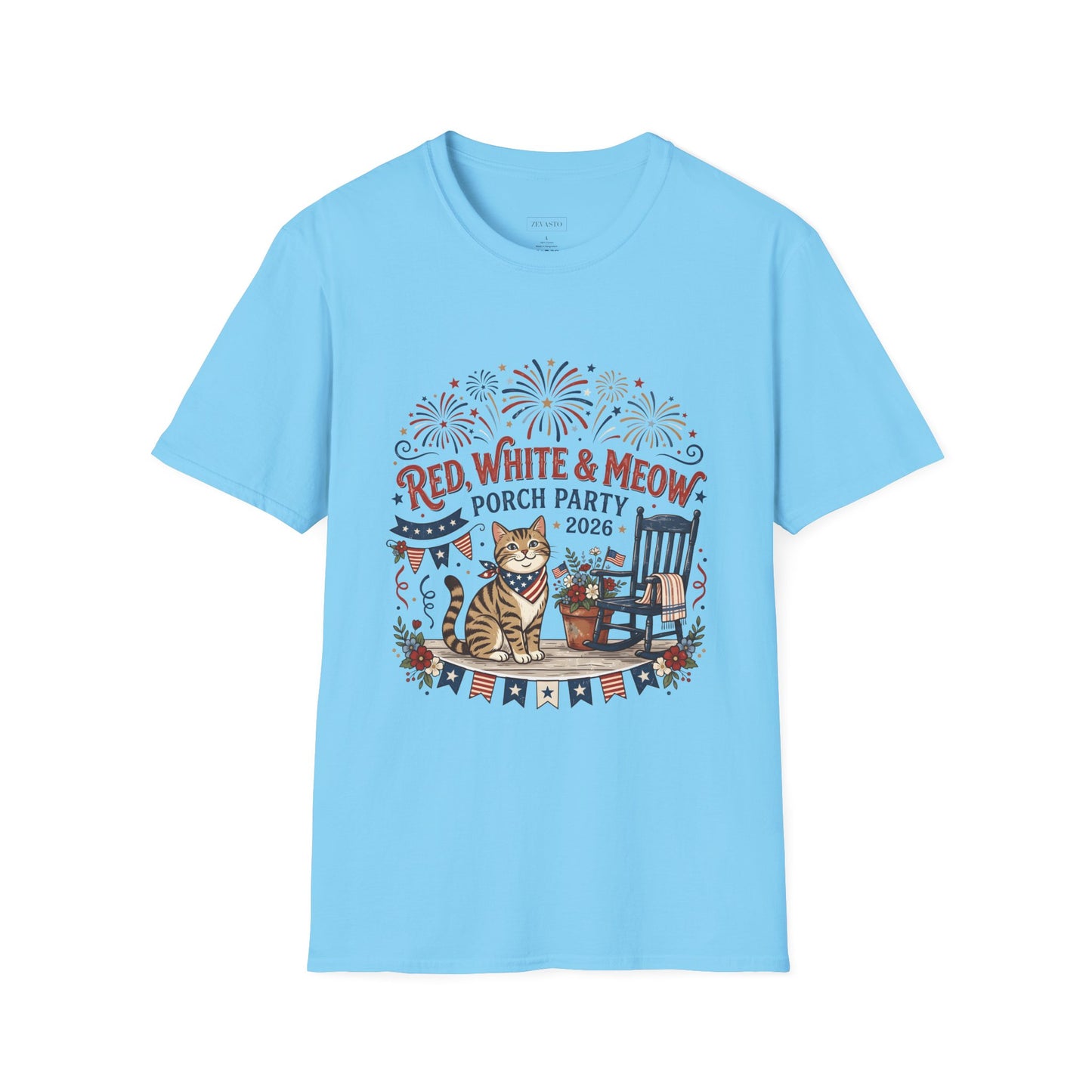 Red, White & Meow Porch Party T-Shirt — 2026 Patriotic Cat Tee, 4th of July Shirt, Independence Day Gift
