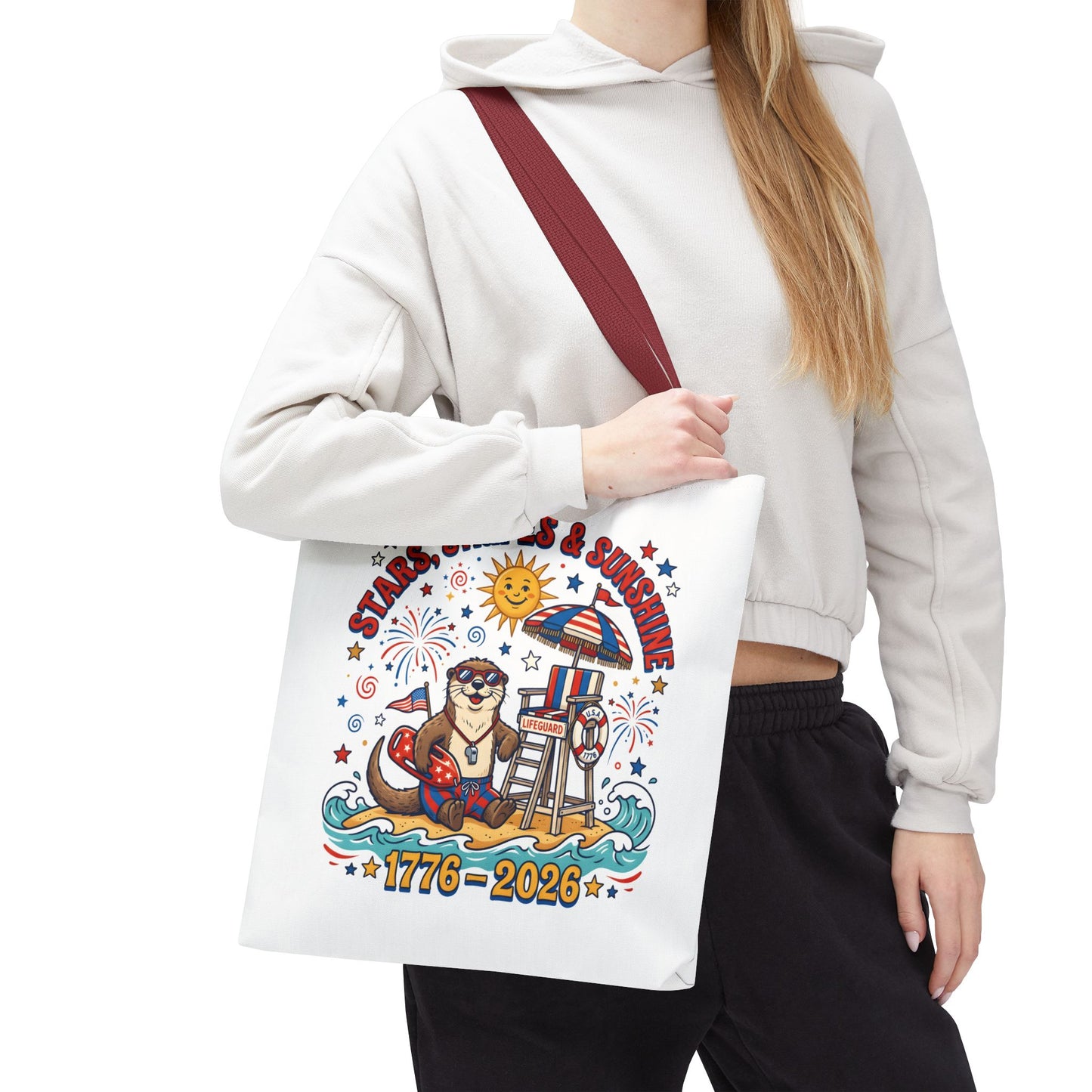 Stars, Stripes & Sunshine Tote Bag — 1776–2026 Patriotic Summer Beach Tote, 4th of July Tote