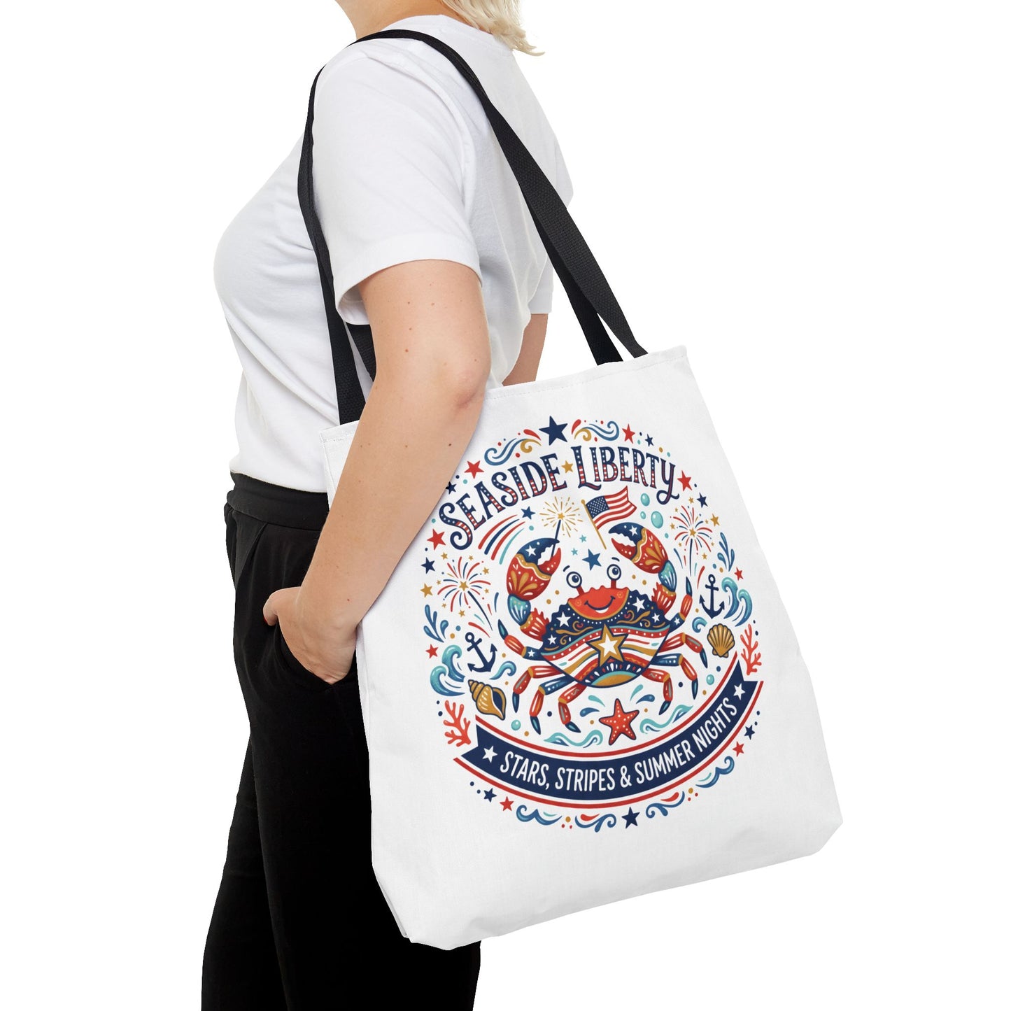 Seaside Liberty Tote Bag — 4th of July, Patriotic Bag "Stars, Stripes & Summer Nights"