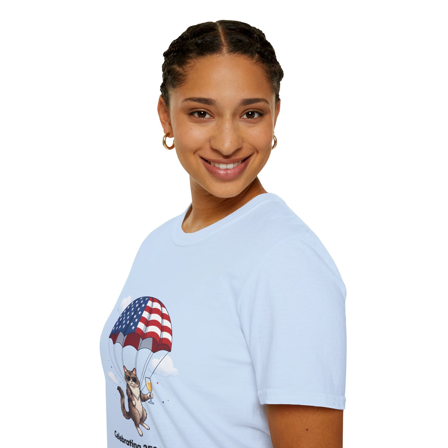 Patriotic Cat Parachute T-Shirt — "Celebrating 250 Years" 4th of July Tee