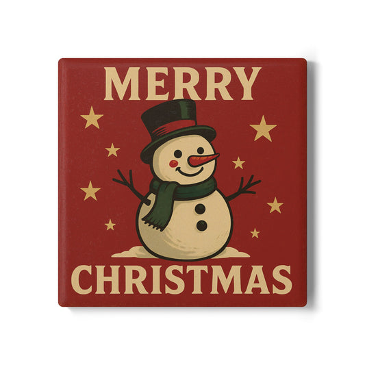 Merry Christmas Snowman Ceramic Coaster — Vintage Holiday Drink Coaster