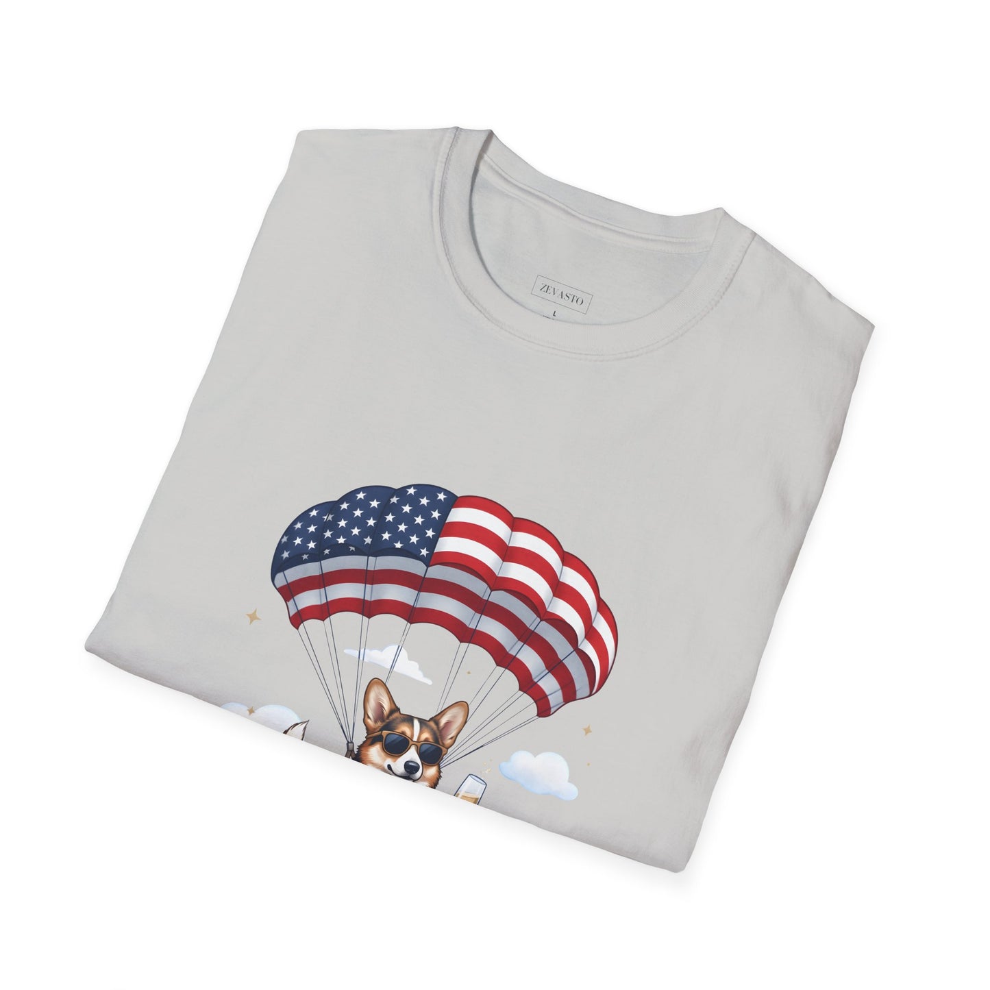 Corgi Parachute American Flag T-Shirt — "Celebrating 250 Years" Patriotic Tee