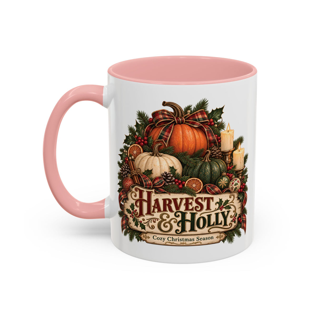 Harvest & Holly Accent Coffee Mug - Vintage Christmas Holiday Mug (11 oz)