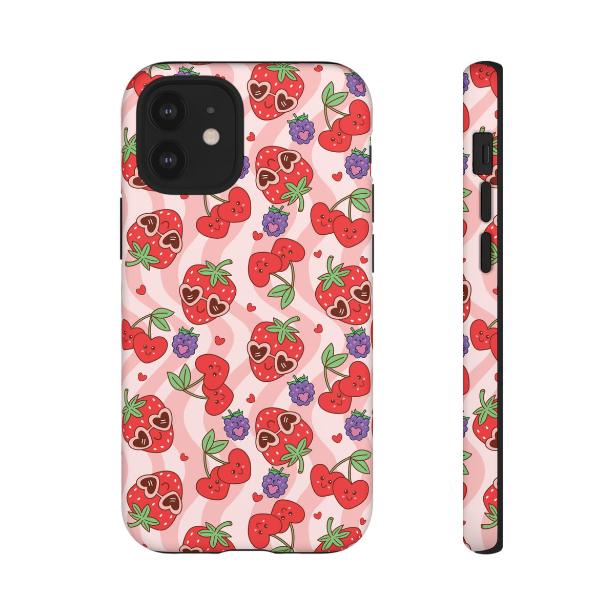 Cute Kawaii Strawberry & Cherry Phone Case — Pink Fruit Pattern Protective Case