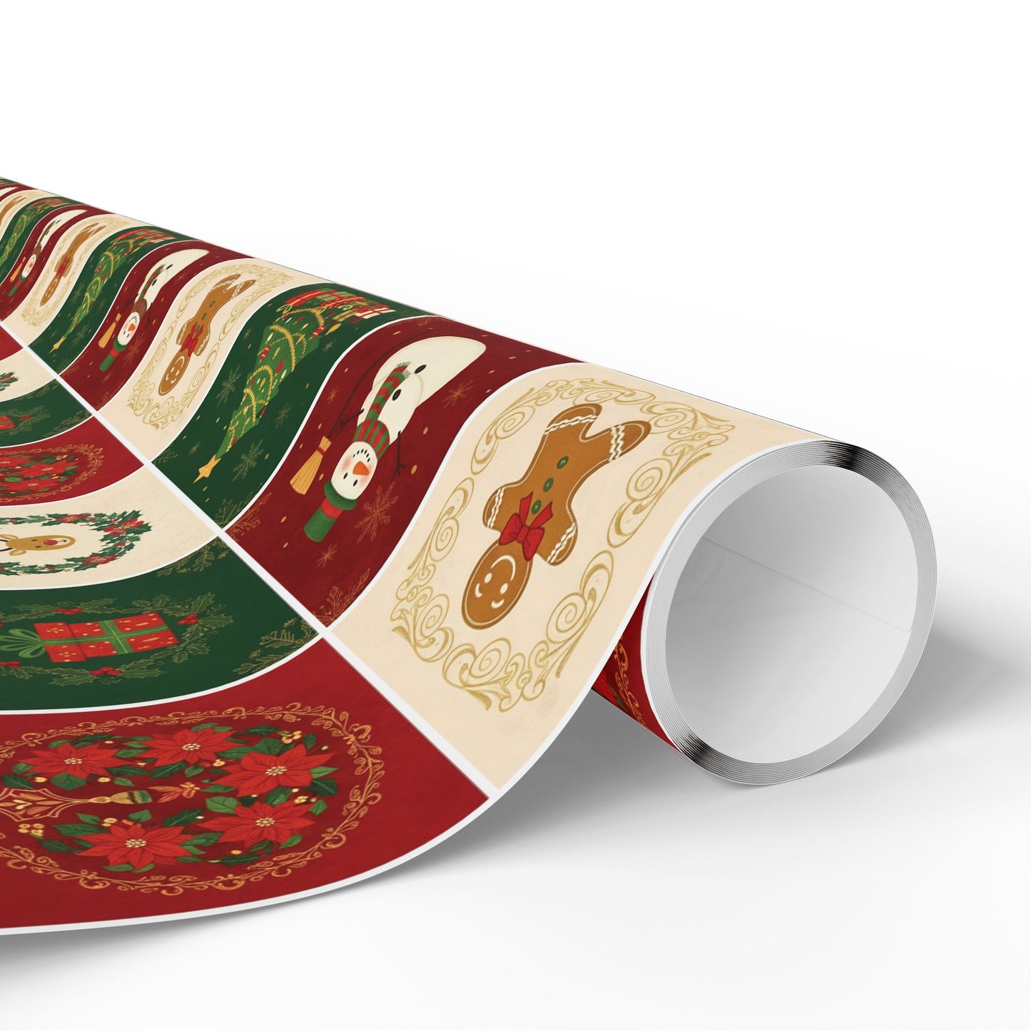 Christmas Patchwork Wrapping Paper Roll — Holiday Gift Wrap with Gingerbread, Snowman & Reindeer