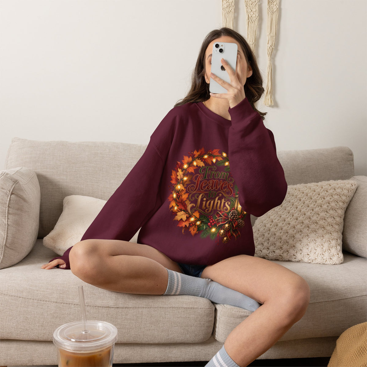 Christmas Crewneck Sweatshirt — "From Leaves to Lights" Autumn to Holiday Wreath Design
