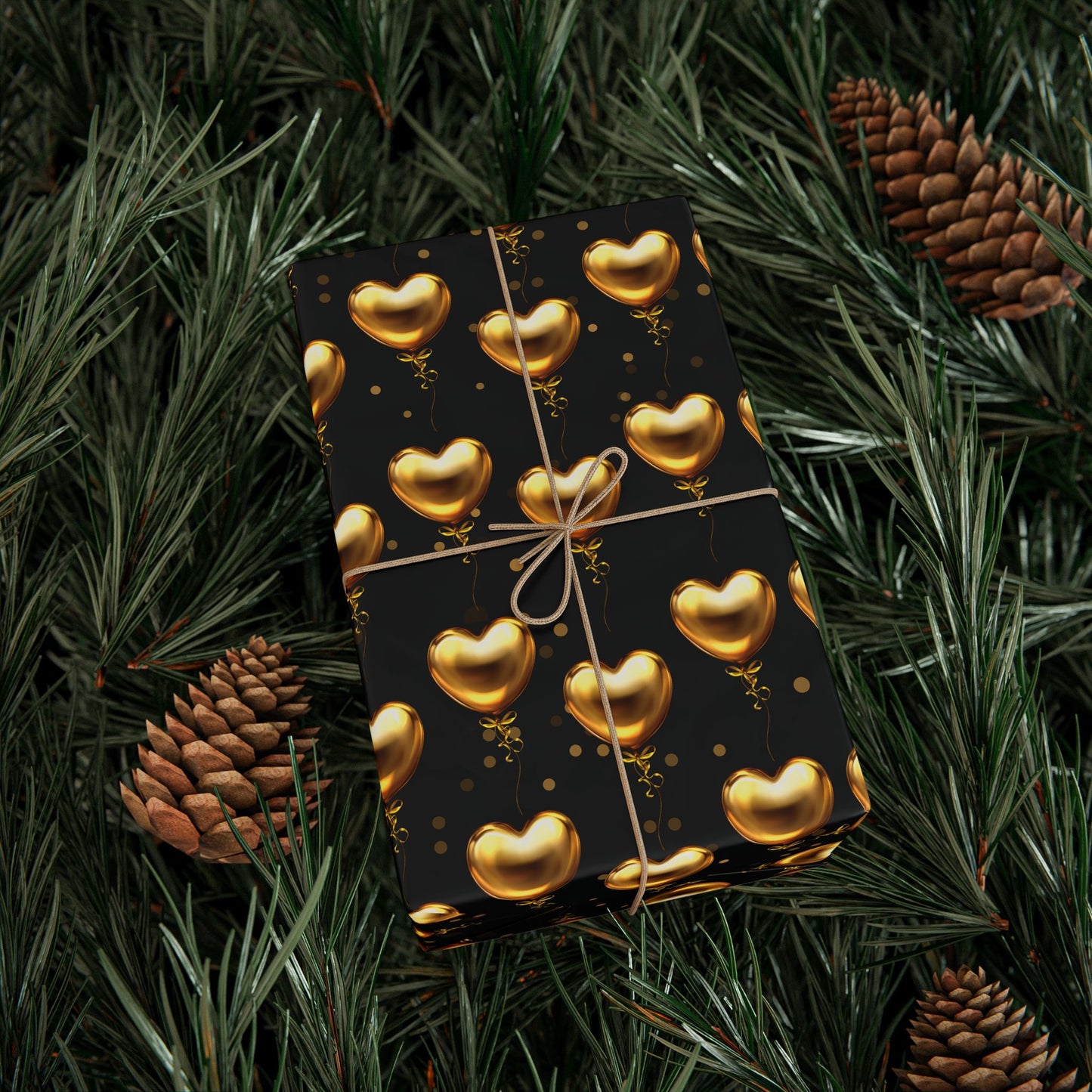 Gold Heart Pattern Wrapping Paper — Black & Metallic Gift Wrap for Valentine’s, Anniversaries, Weddings