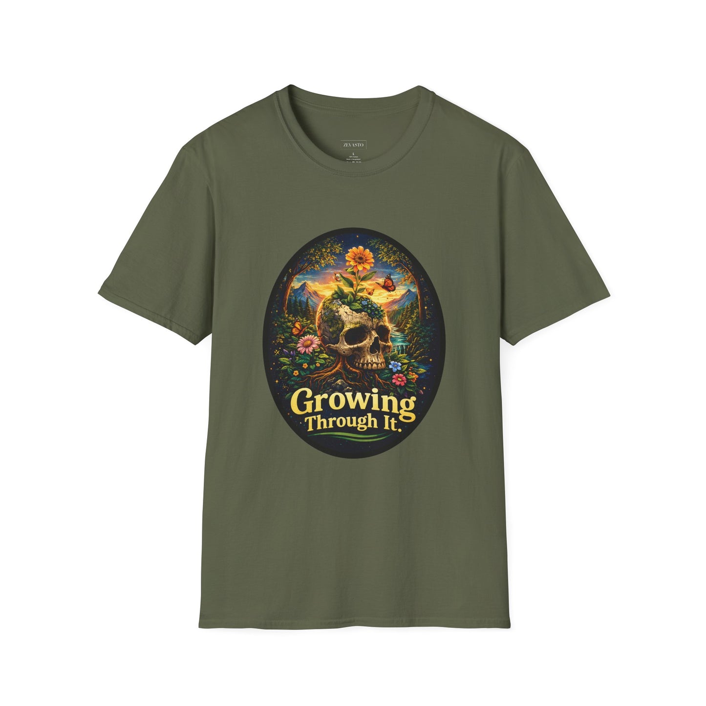Growing Through It T-Shirt – Earth Day Nature Skull Graphic Tee | Mental Growth & Healing Shirt | Botanical Aesthetic Unisex Tee