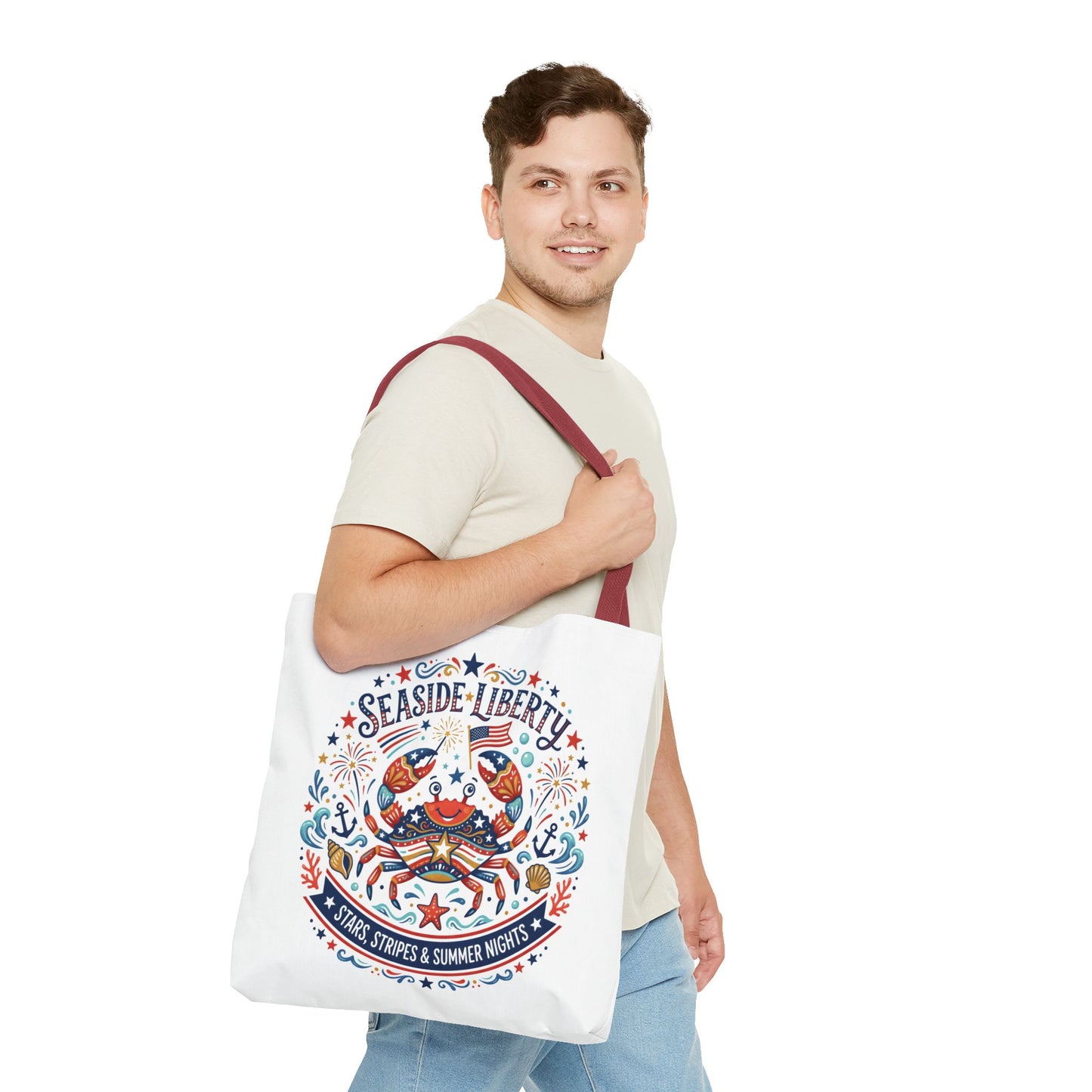 Seaside Liberty Tote Bag — 4th of July, Patriotic Bag "Stars, Stripes & Summer Nights"