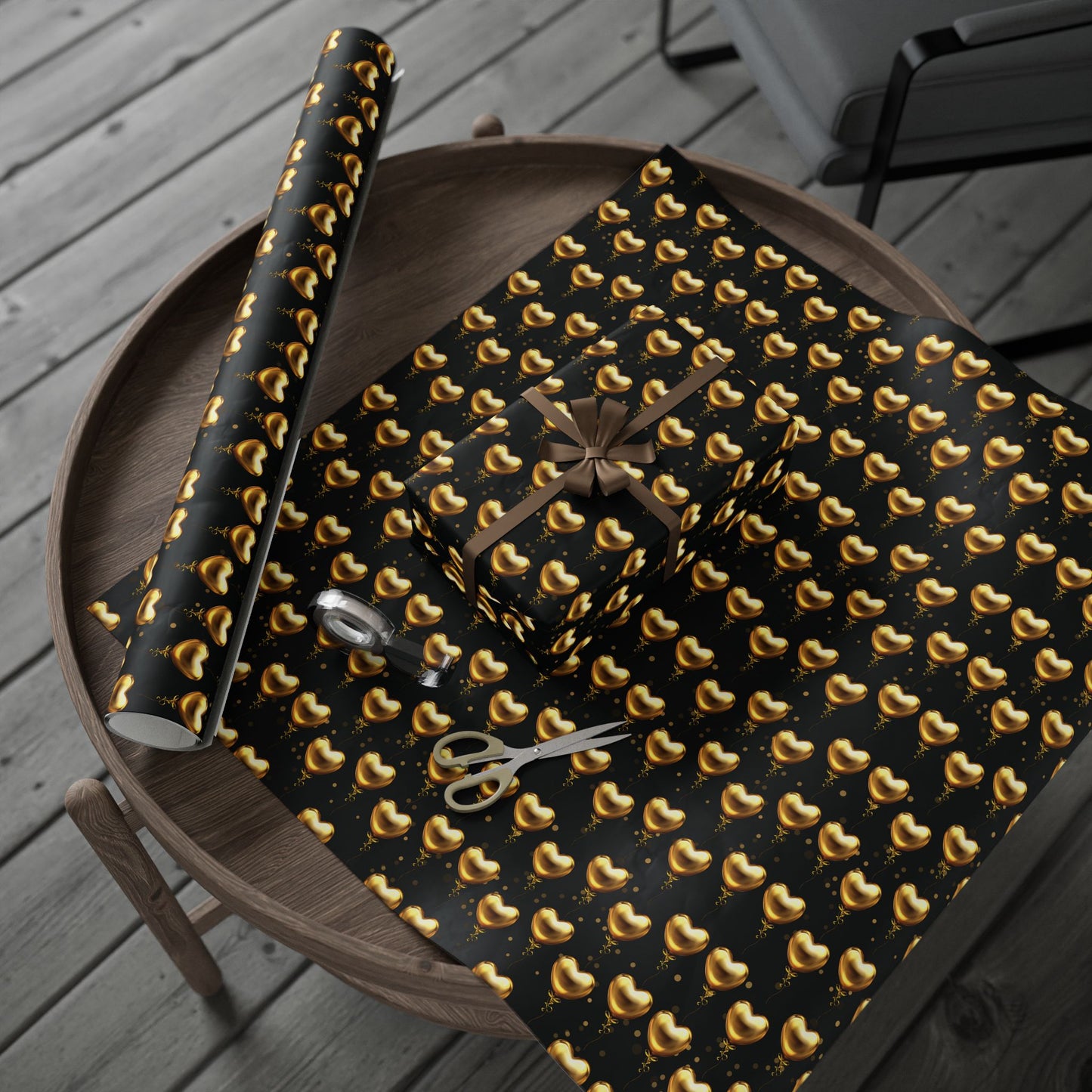 Gold Heart Pattern Wrapping Paper — Black & Metallic Gift Wrap for Valentine’s, Anniversaries, Weddings