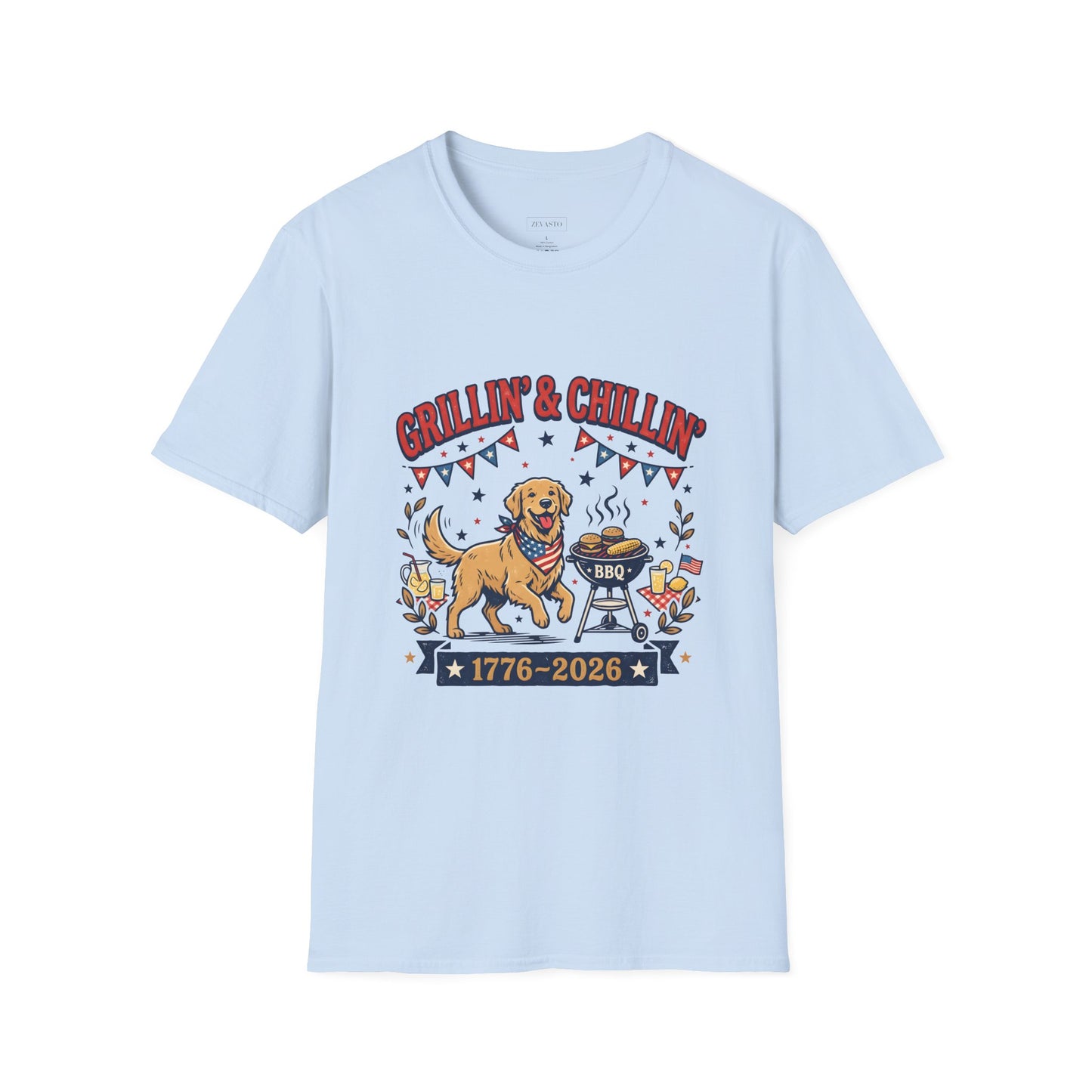 Grillin' & Chillin' BBQ Dog T-Shirt — 1776-2026 Patriotic Summer Tee, 4th of July Shirt, Independence Day Tee