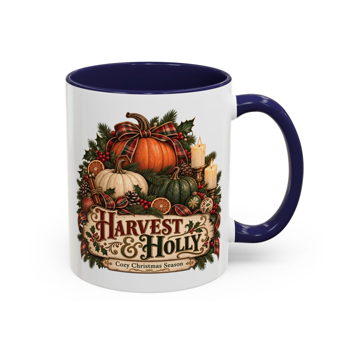 Harvest & Holly Accent Coffee Mug - Vintage Christmas Holiday Mug (11 oz)