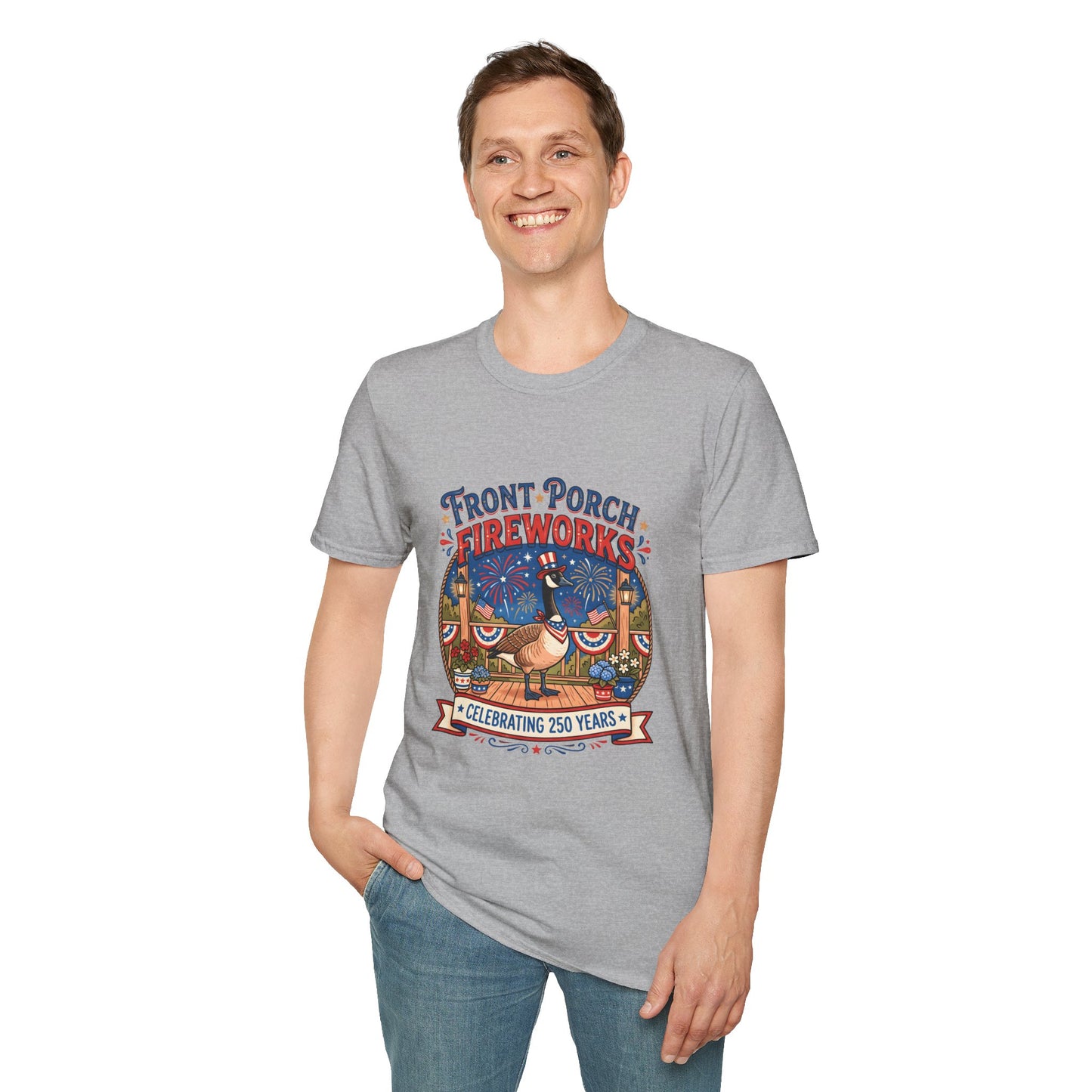 Front Porch Fireworks, Goose T-Shirt — Patriotic 4th of July Celebration Tee
