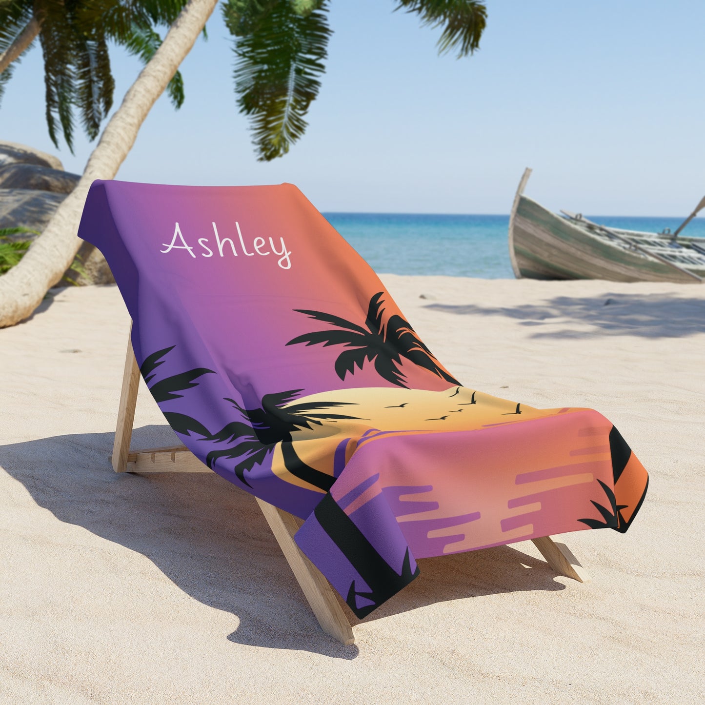 Personalized Sunset Palm Beach Towel — Custom Name Beach Towel