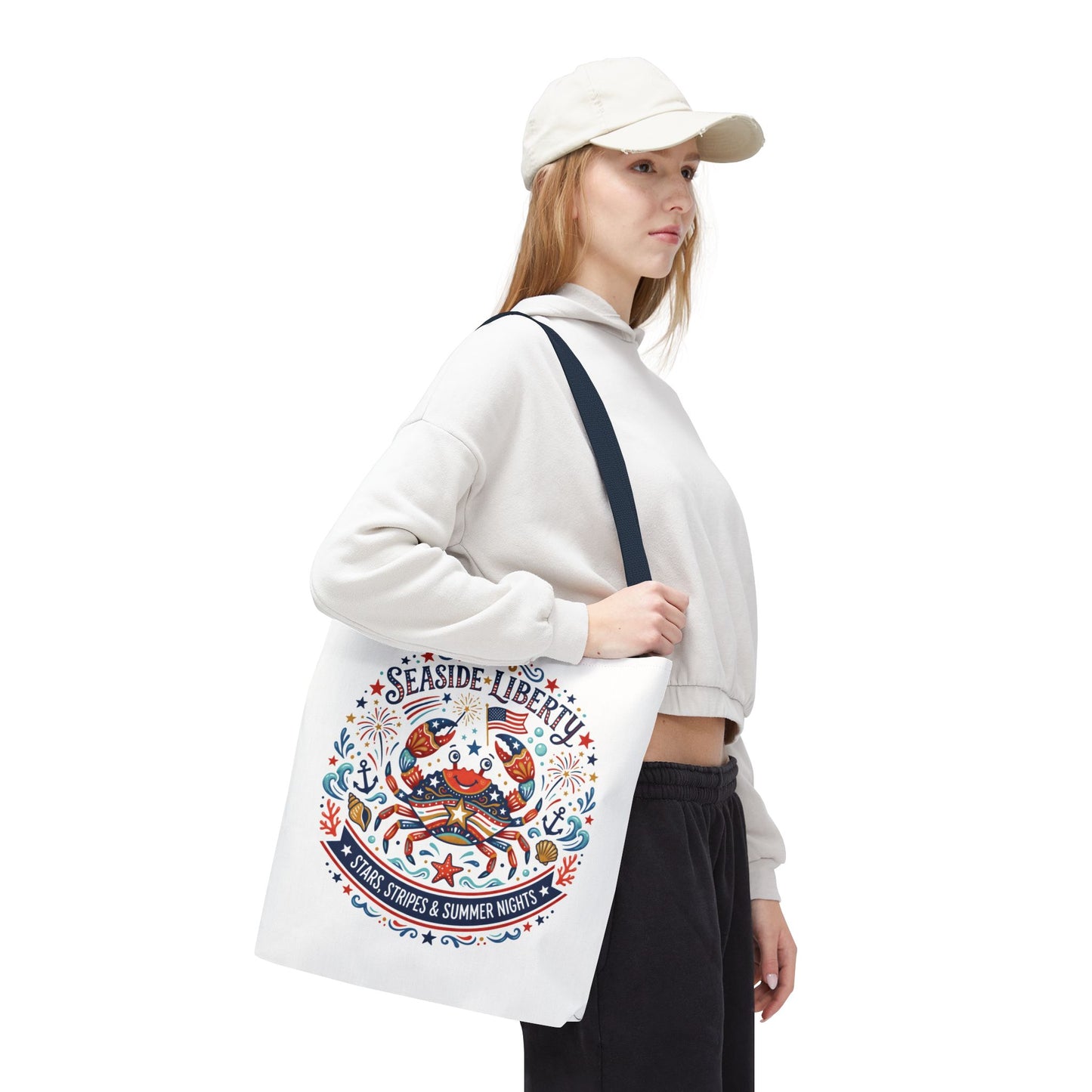Seaside Liberty Tote Bag — 4th of July, Patriotic Bag "Stars, Stripes & Summer Nights"