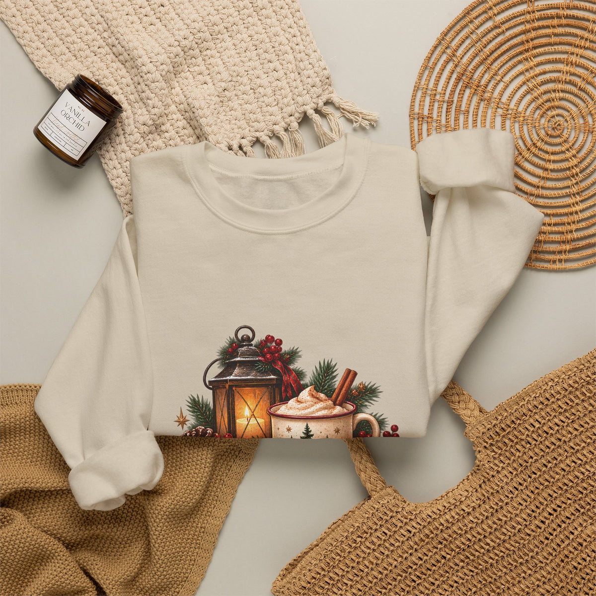 Cinnamon & Pine Crewneck Sweatshirt — Cozy Holiday Lantern Design Sweatshirt