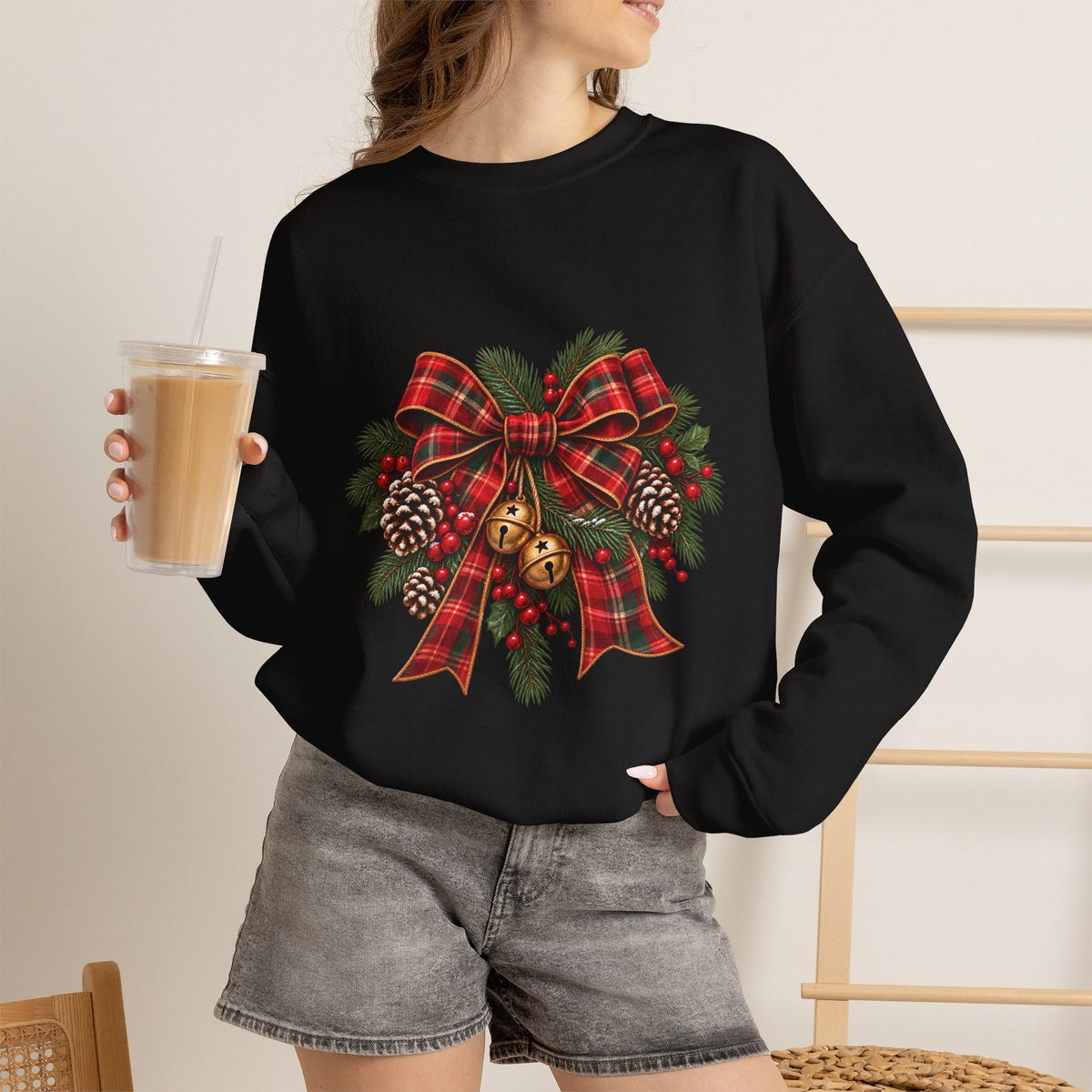 Christmas Plaid Bow Sweatshirt - Holiday Pinecone & Jingle Bells Crewneck