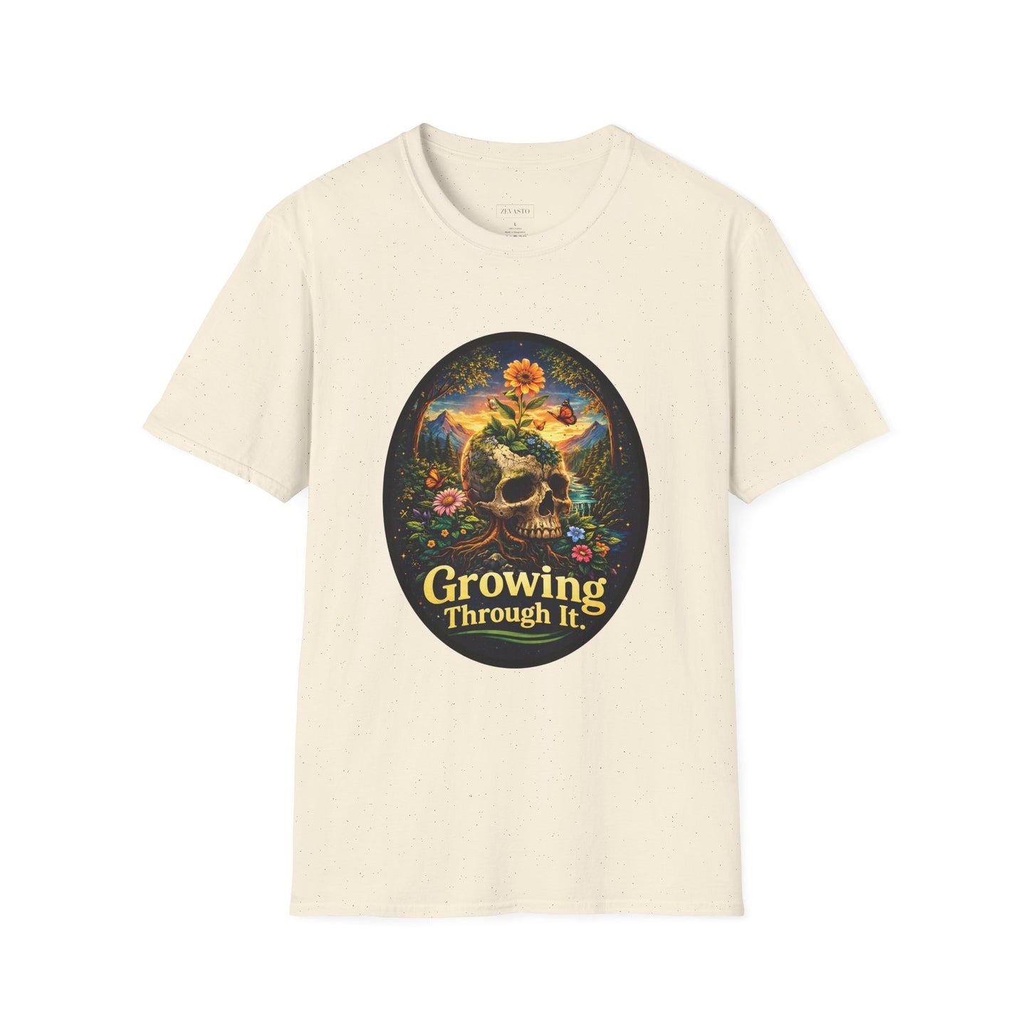 Growing Through It T-Shirt – Earth Day Nature Skull Graphic Tee | Mental Growth & Healing Shirt | Botanical Aesthetic Unisex Tee