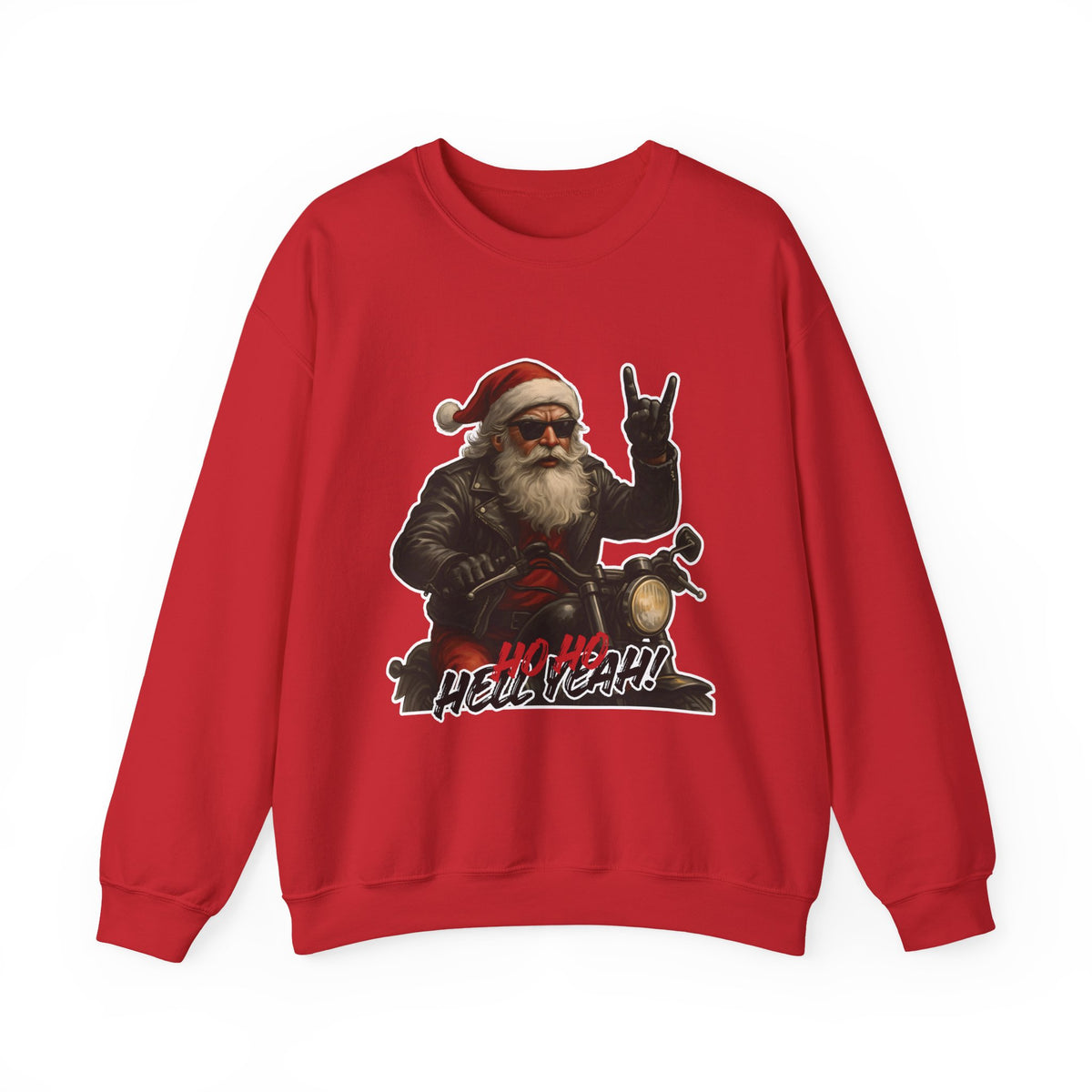 Santa Biker Crewneck Sweatshirt – 'Ho Ho Hell Yeah' Christmas Motorcycle Pullover