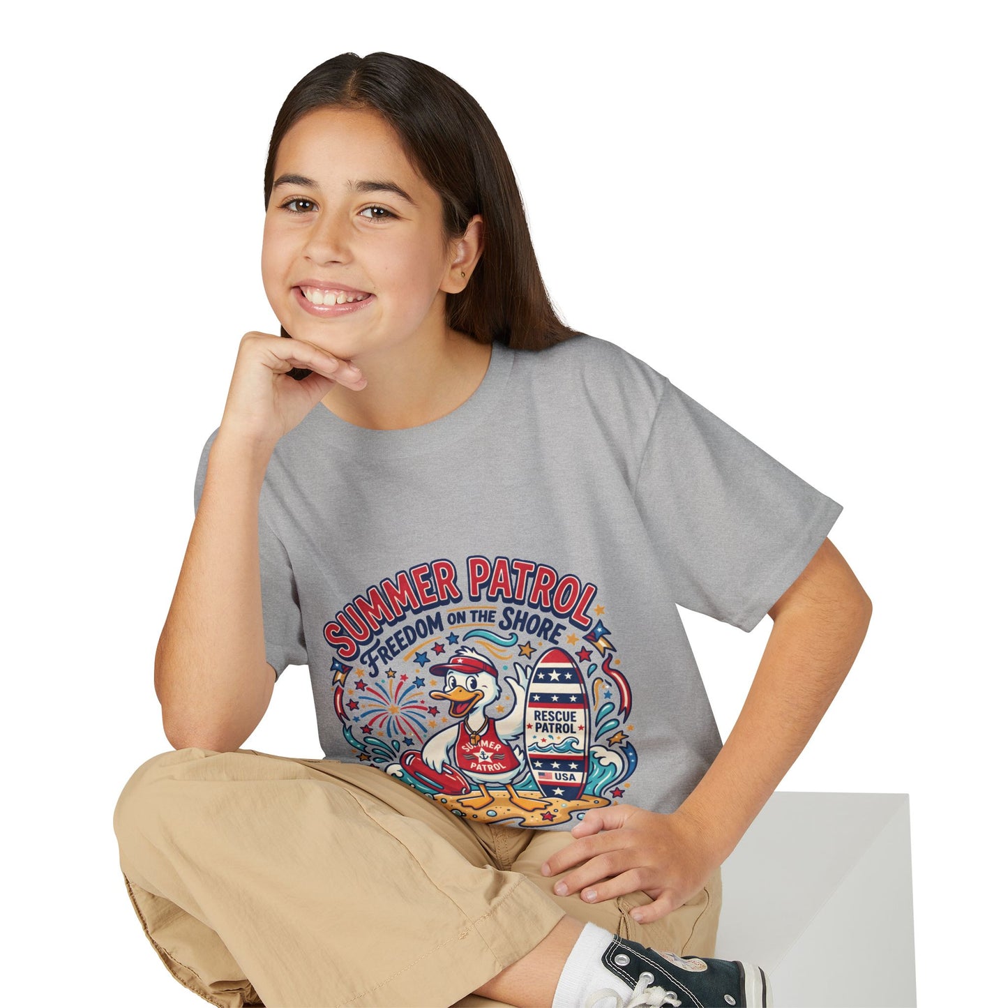 Summer Patrol Kids T‑Shirt — Lifeguard Duck Beach Graphic, 4th of July Tee