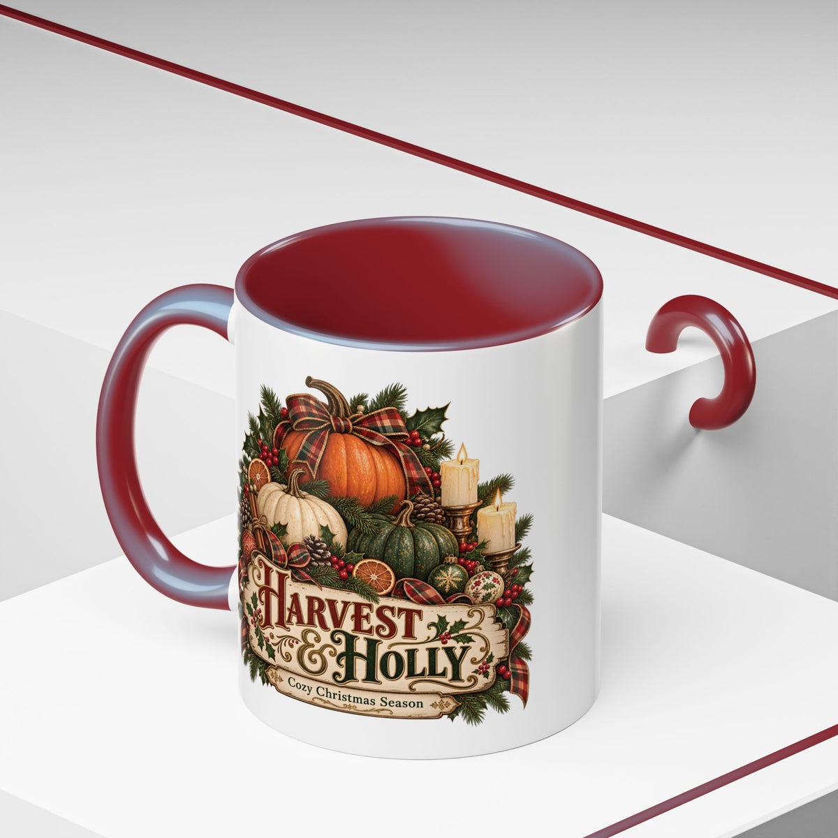 Harvest & Holly Accent Coffee Mug - Vintage Christmas Holiday Mug (11 oz)