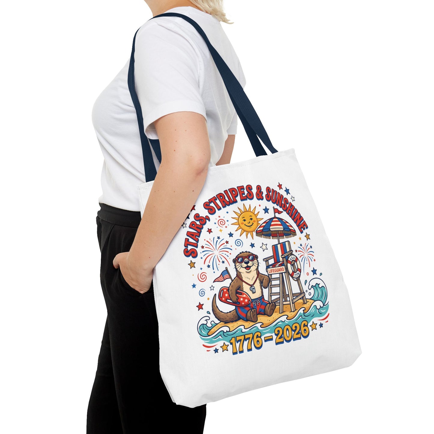 Stars, Stripes & Sunshine Tote Bag — 1776–2026 Patriotic Summer Beach Tote, 4th of July Tote