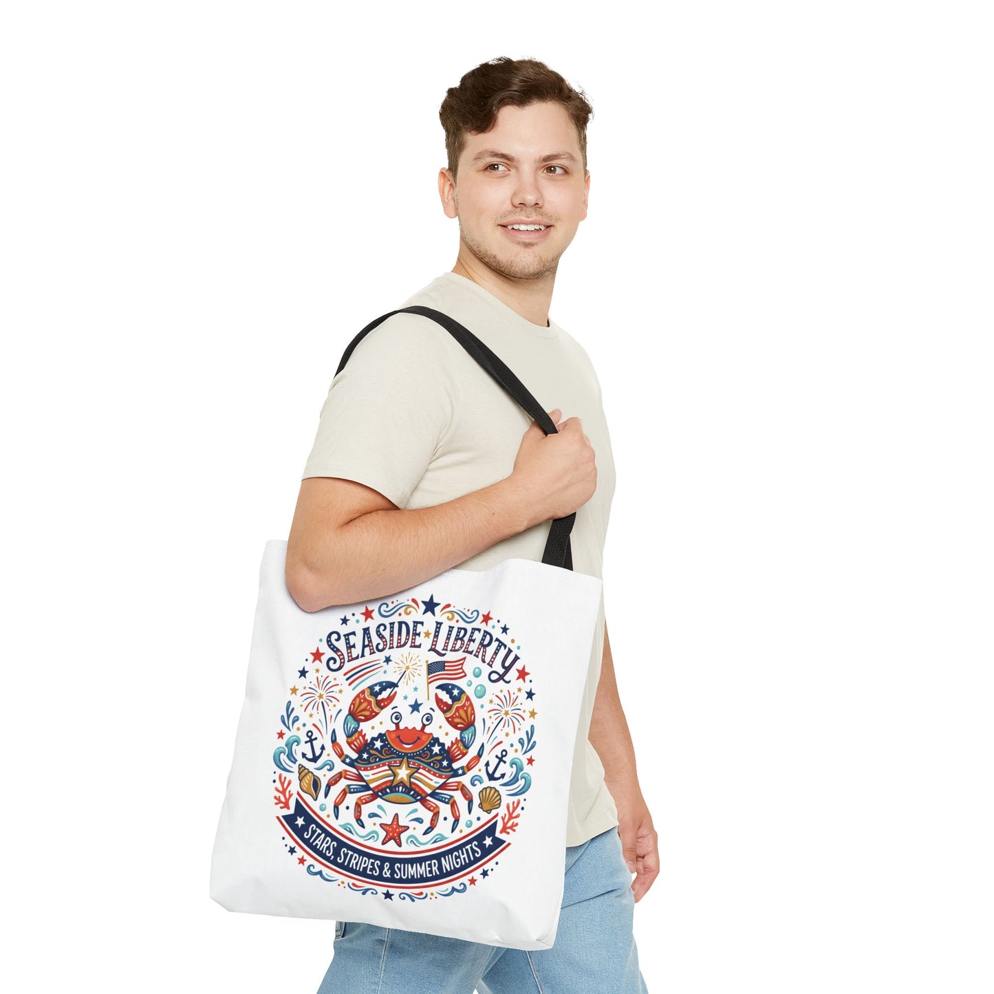 Seaside Liberty Tote Bag — 4th of July, Patriotic Bag "Stars, Stripes & Summer Nights"